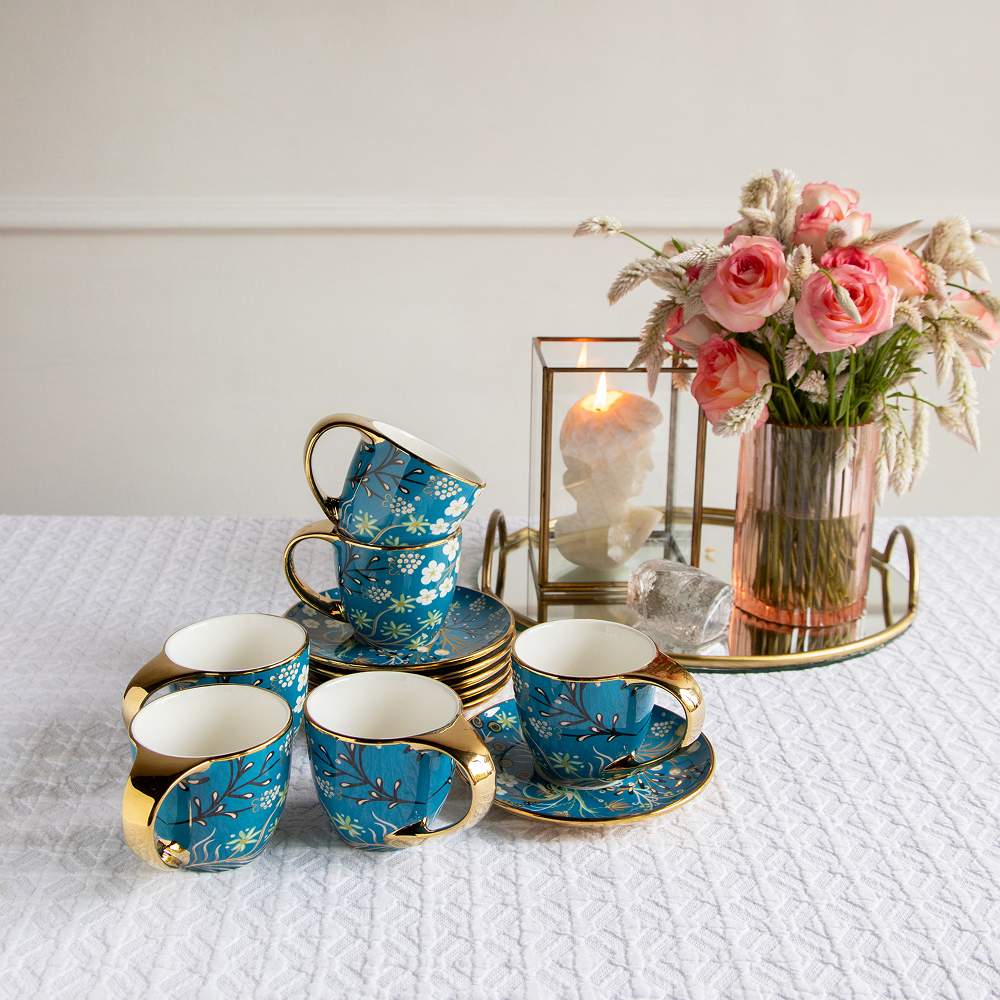 Royal Azure Bloom Tea Set (6 Cups & Saucers) – 200 ML Each