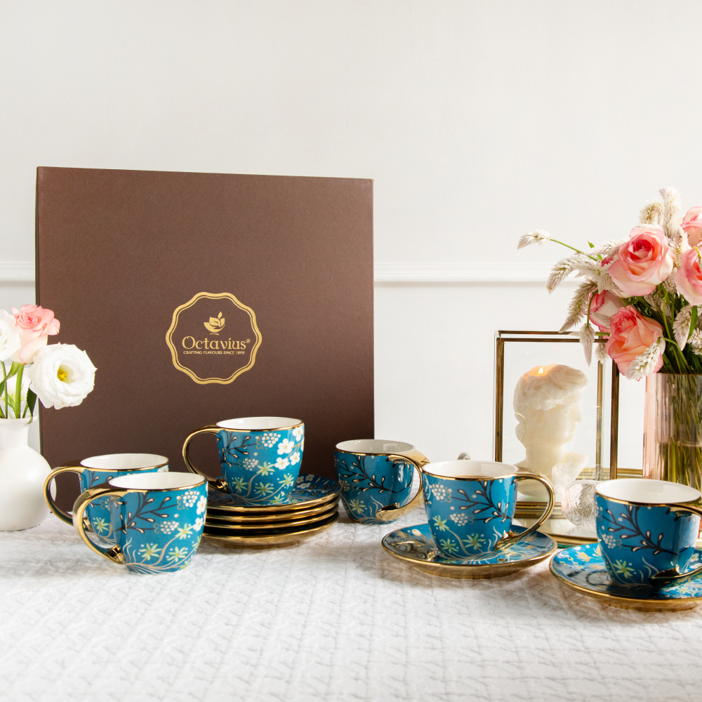 Royal Azure Bloom Tea Set (6 Cups & Saucers) – 200 ML Each