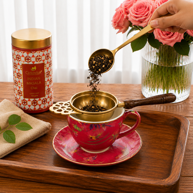 Brass Tea Strainer with Wooden Handle & Holder – Loose Leaf Tea Strainer