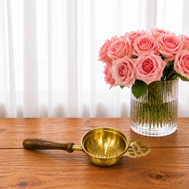 Brass Tea Strainer with Wooden Handle & Holder – Loose Leaf Tea Strainer