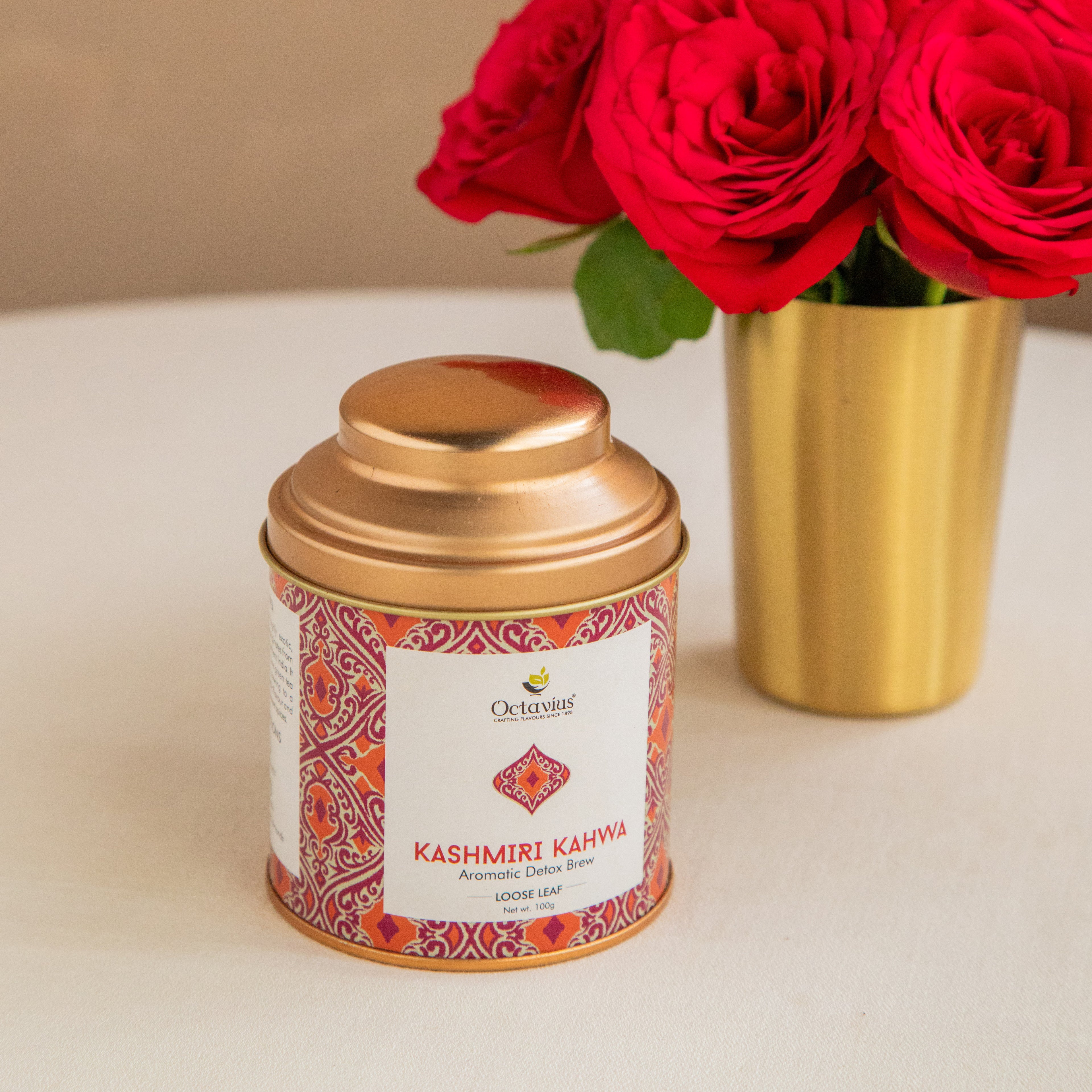 Kashmiri Kahwa Green Tea Loose Leaf in Tin Caddy - 100 Gms