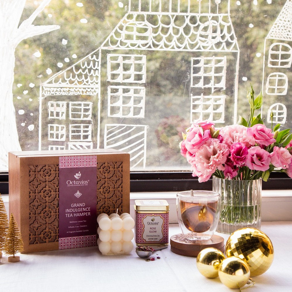 Grand Indulgence Tea Hamper (1 wellness tea, infuser, cup, coasters & organic bubble candle)