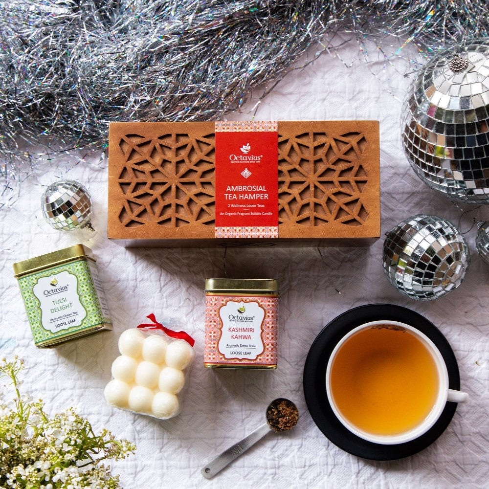 Ambrosial Tea Hamper (2 Wellness Teas & Organic Bubble candle)