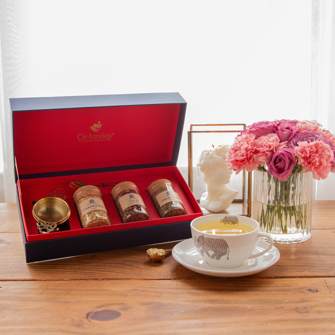 Tea Time Treasure – Wellness Infusions (3 Caffeine-Free Teas with Brass Strainer & Golden Spoon)