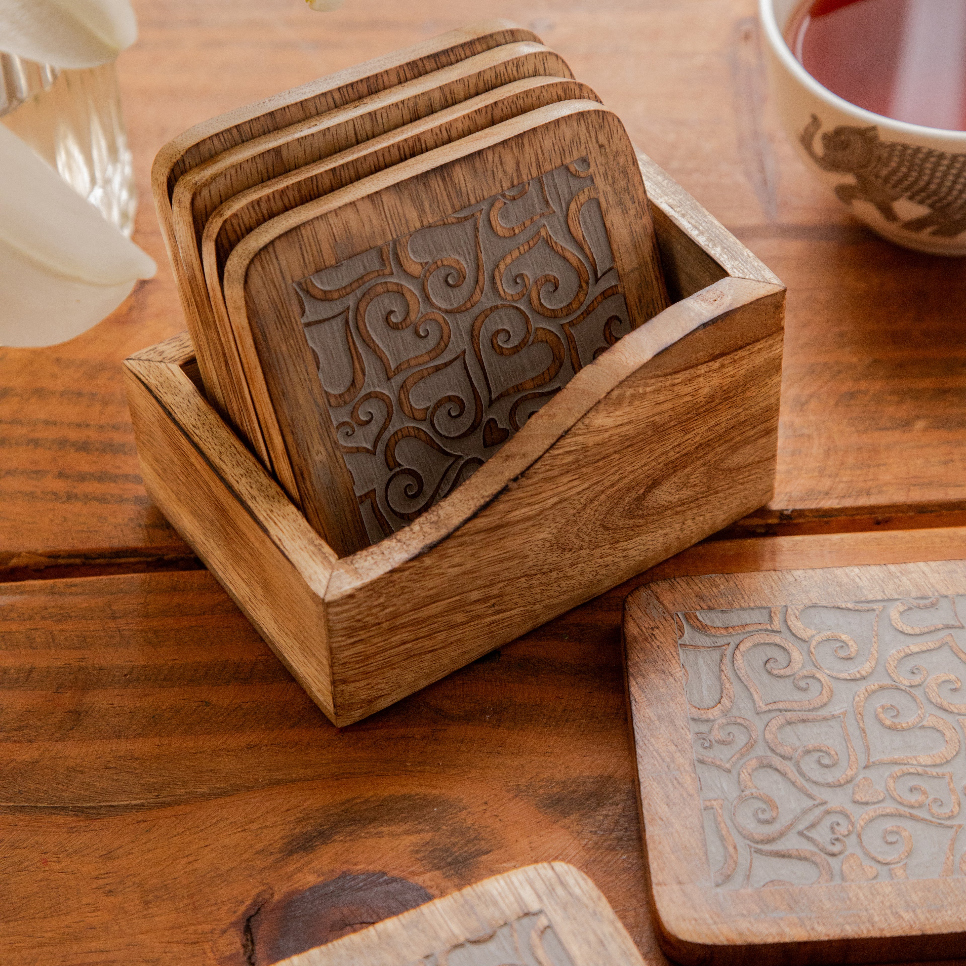 Ornate Swirl Sesham Wood Coasters with Holder – Handcrafted Set of 6