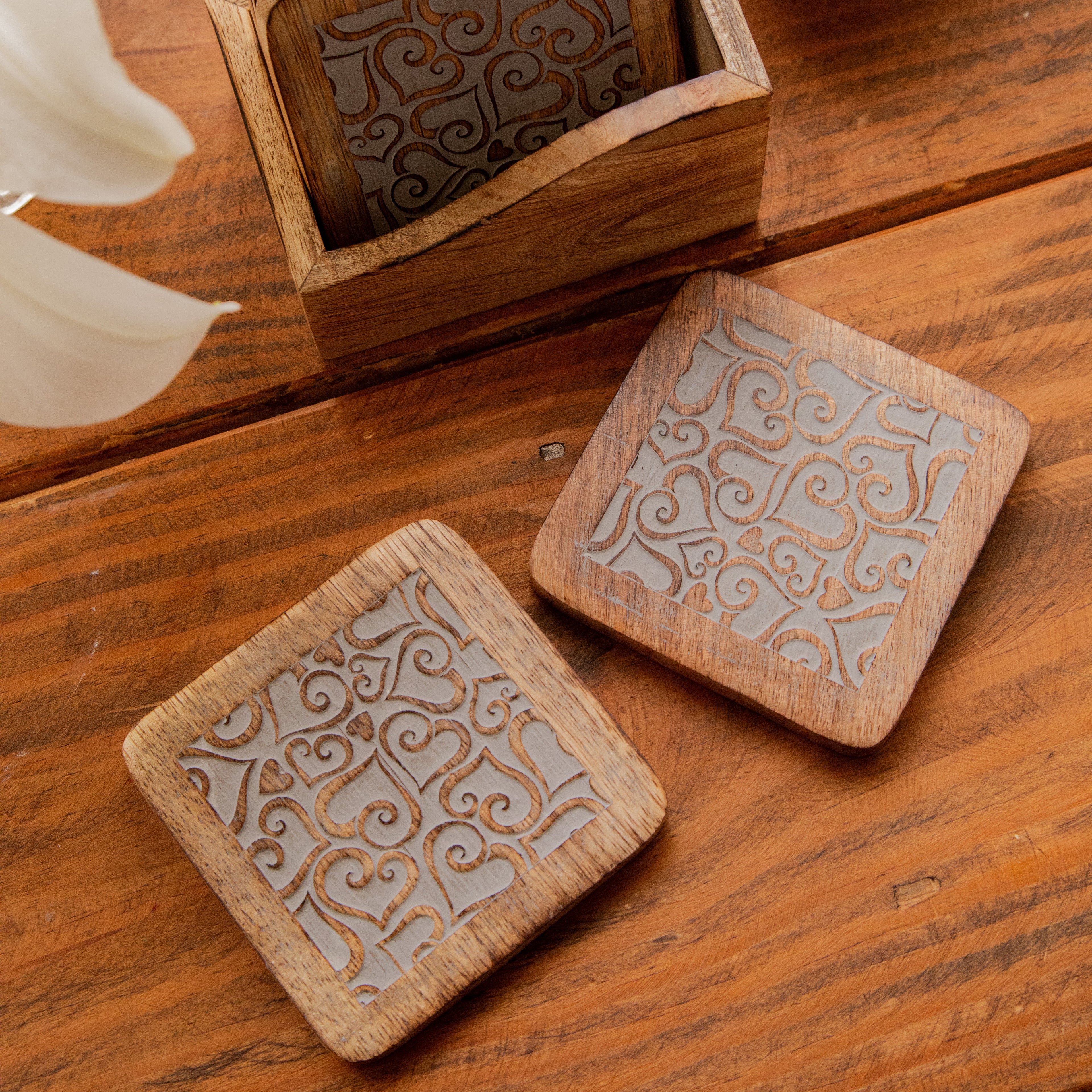 Ornate Swirl Sesham Wood Coasters with Holder – Handcrafted Set of 6