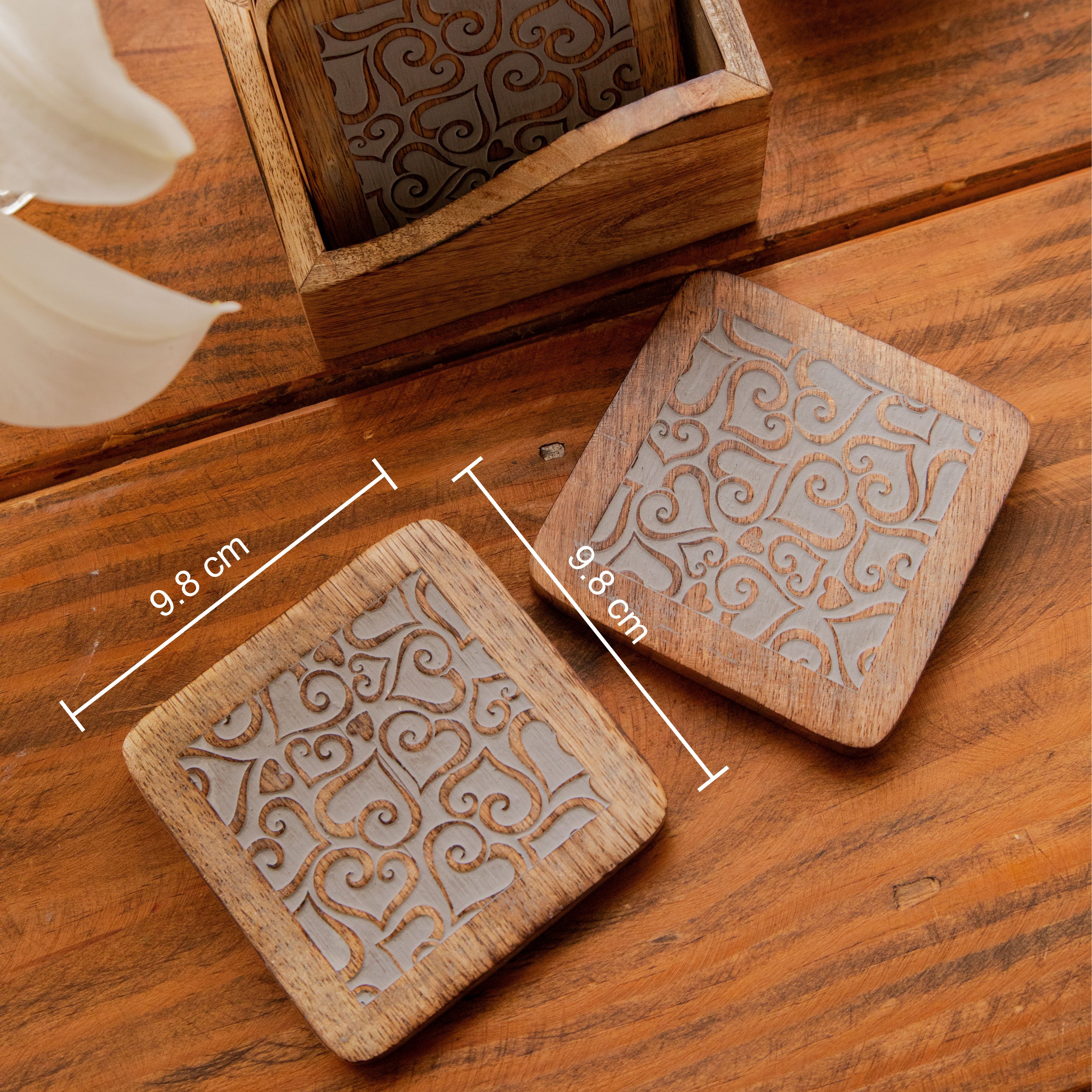 Ornate Swirl Sesham Wood Coasters with Holder – Handcrafted Set of 6