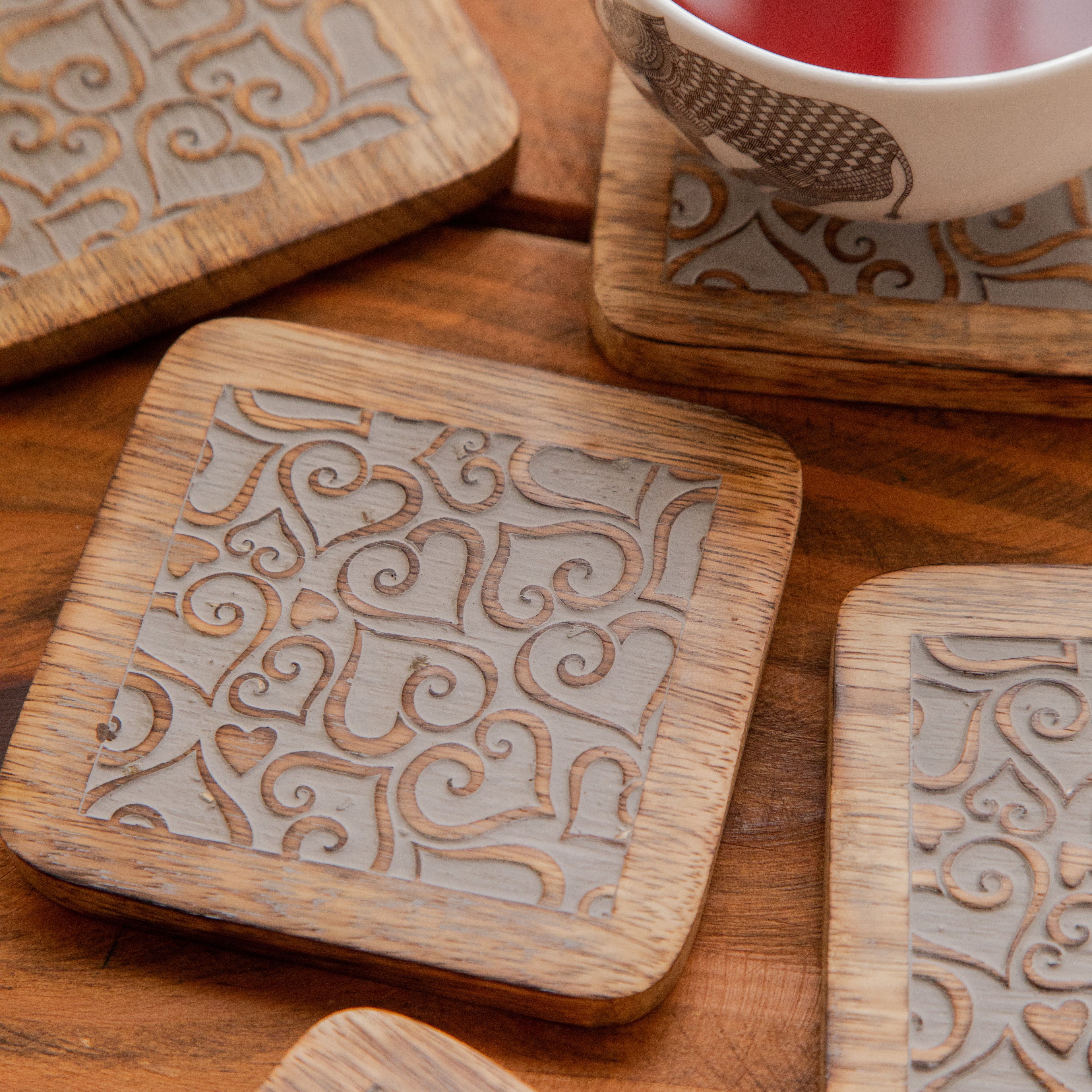 Ornate Swirl Sesham Wood Coasters with Holder – Handcrafted Set of 6