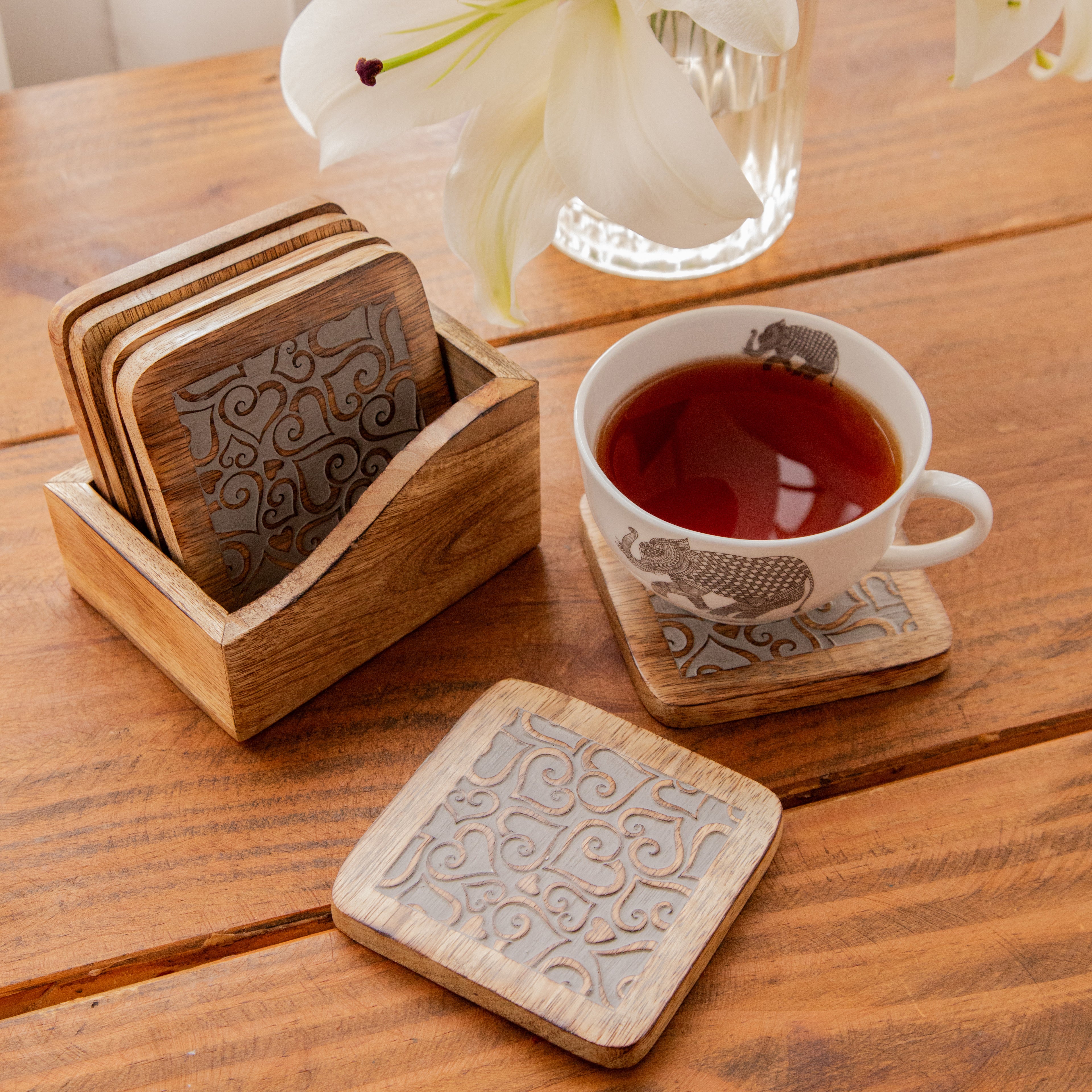 Ornate Swirl Sesham Wood Coasters with Holder – Handcrafted Set of 6