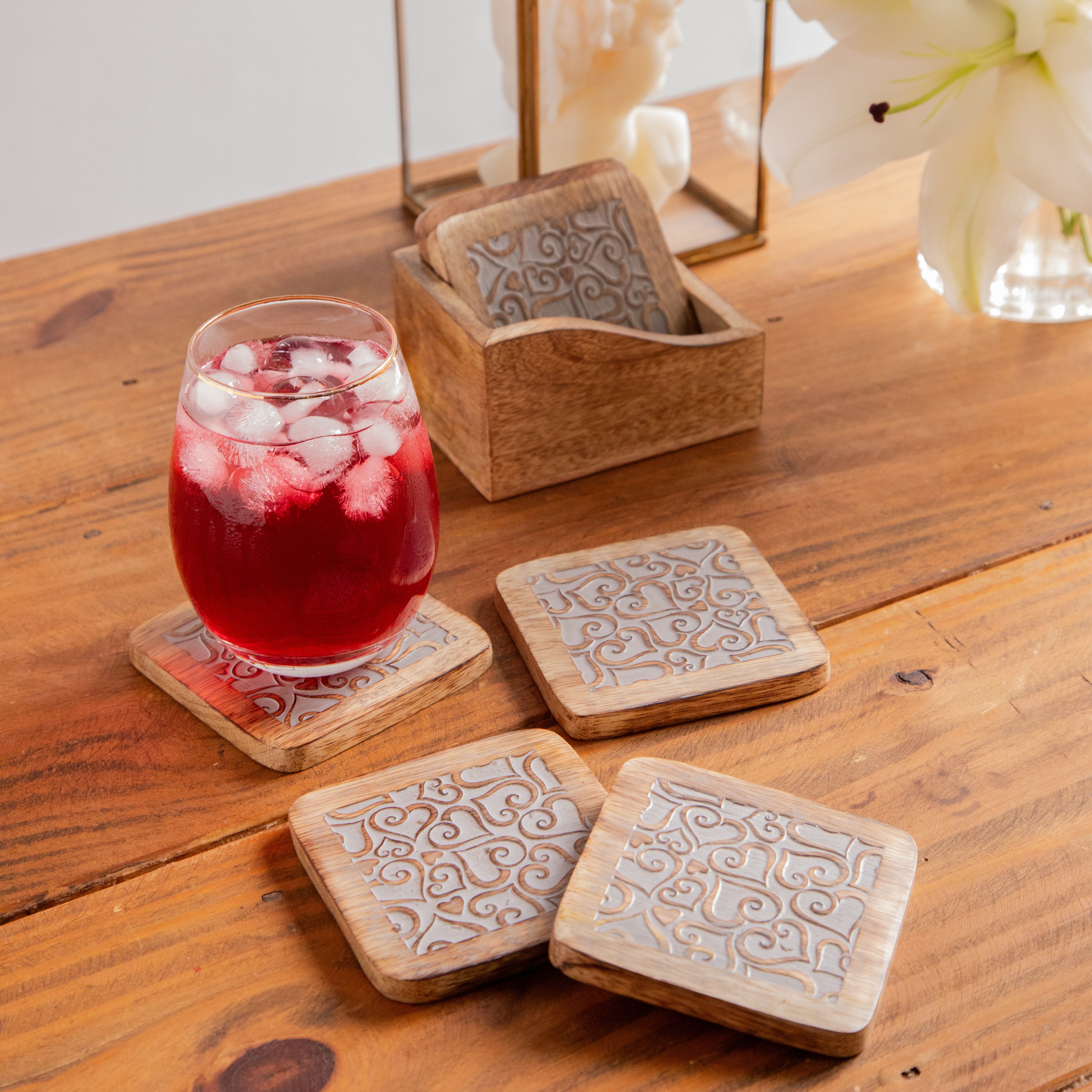Ornate Swirl Sesham Wood Coasters with Holder – Handcrafted Set of 6