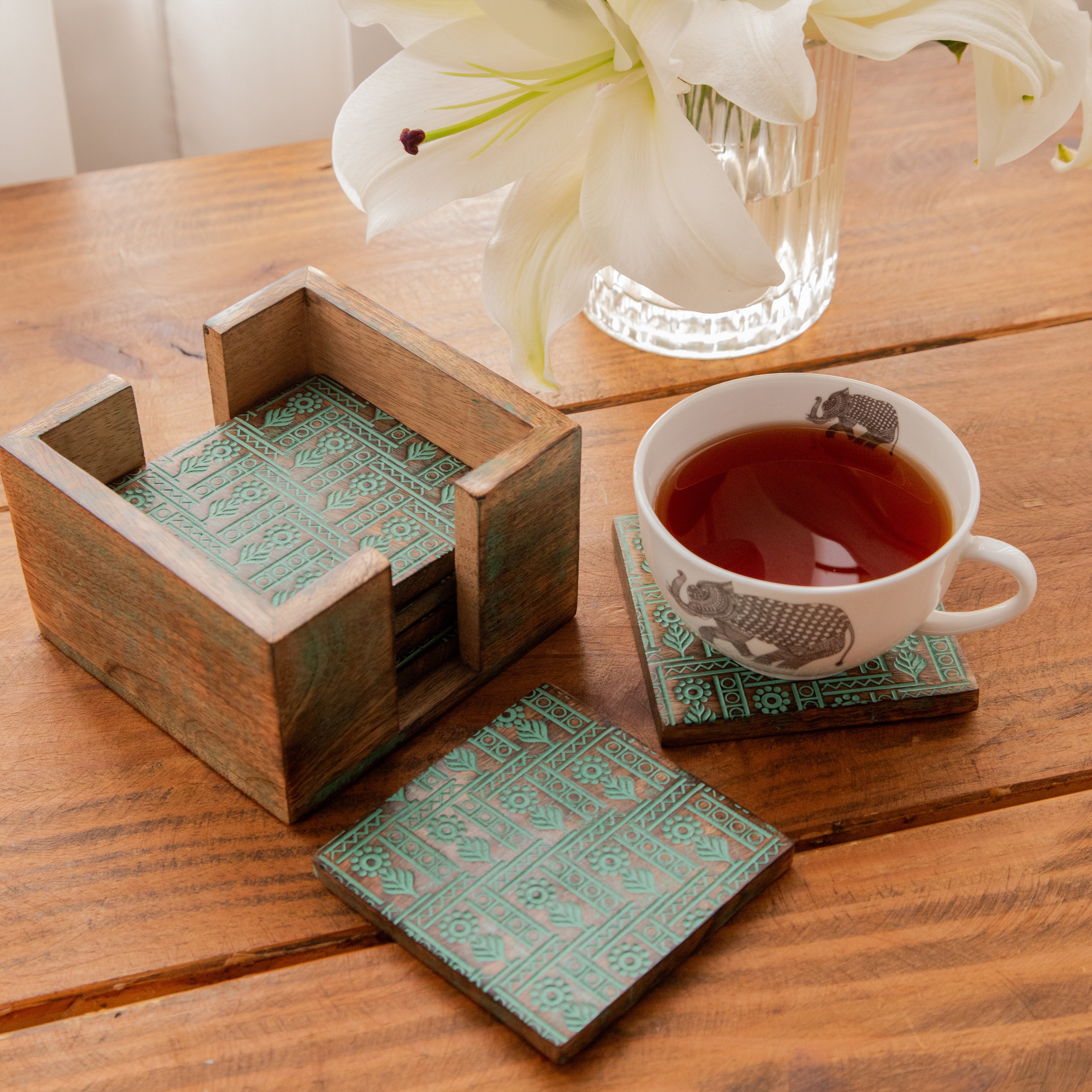 Tribal Motif Sesham Wood Coasters with Holder– Handcrafted Set of 6