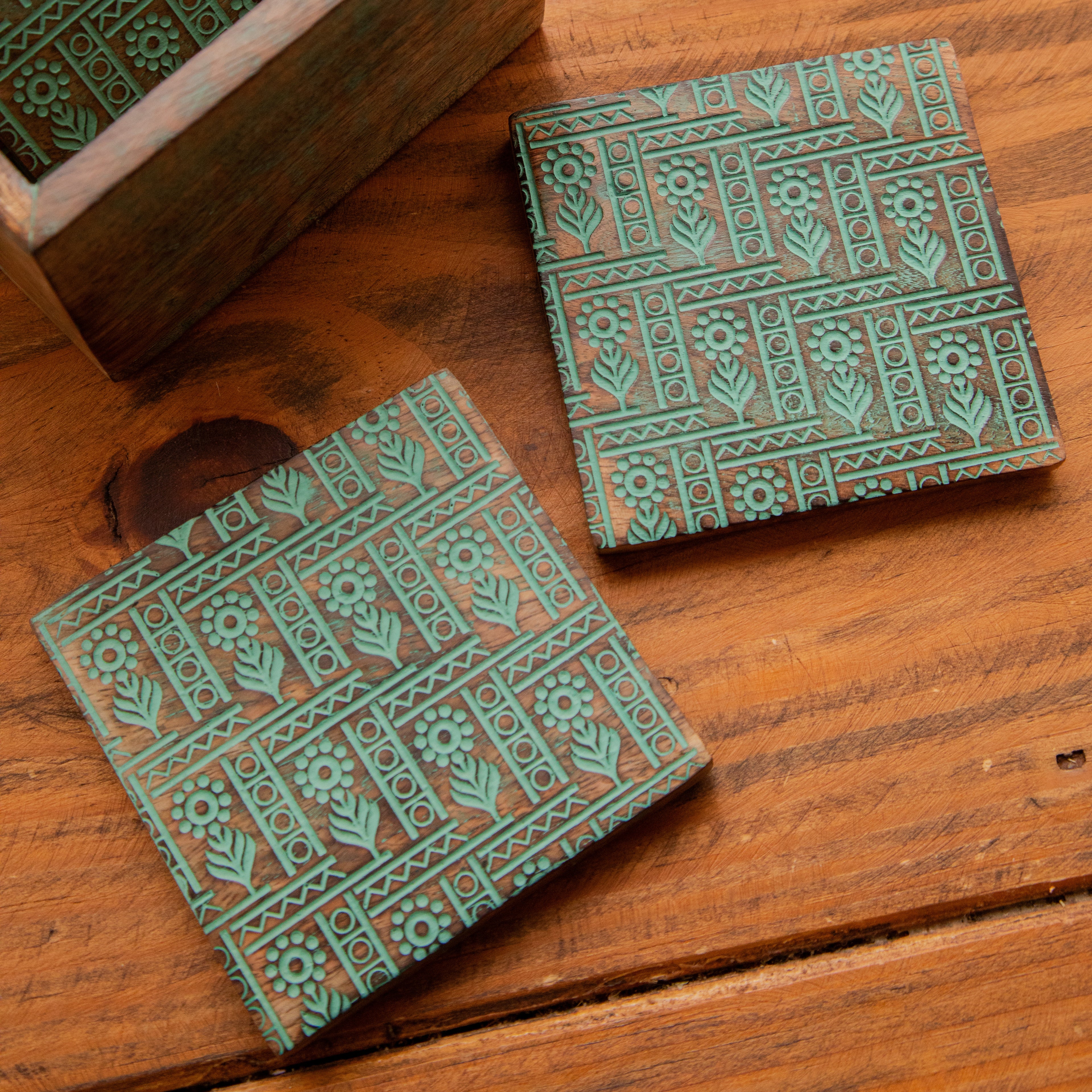 Tribal Motif Sesham Wood Coasters with Holder– Handcrafted Set of 6