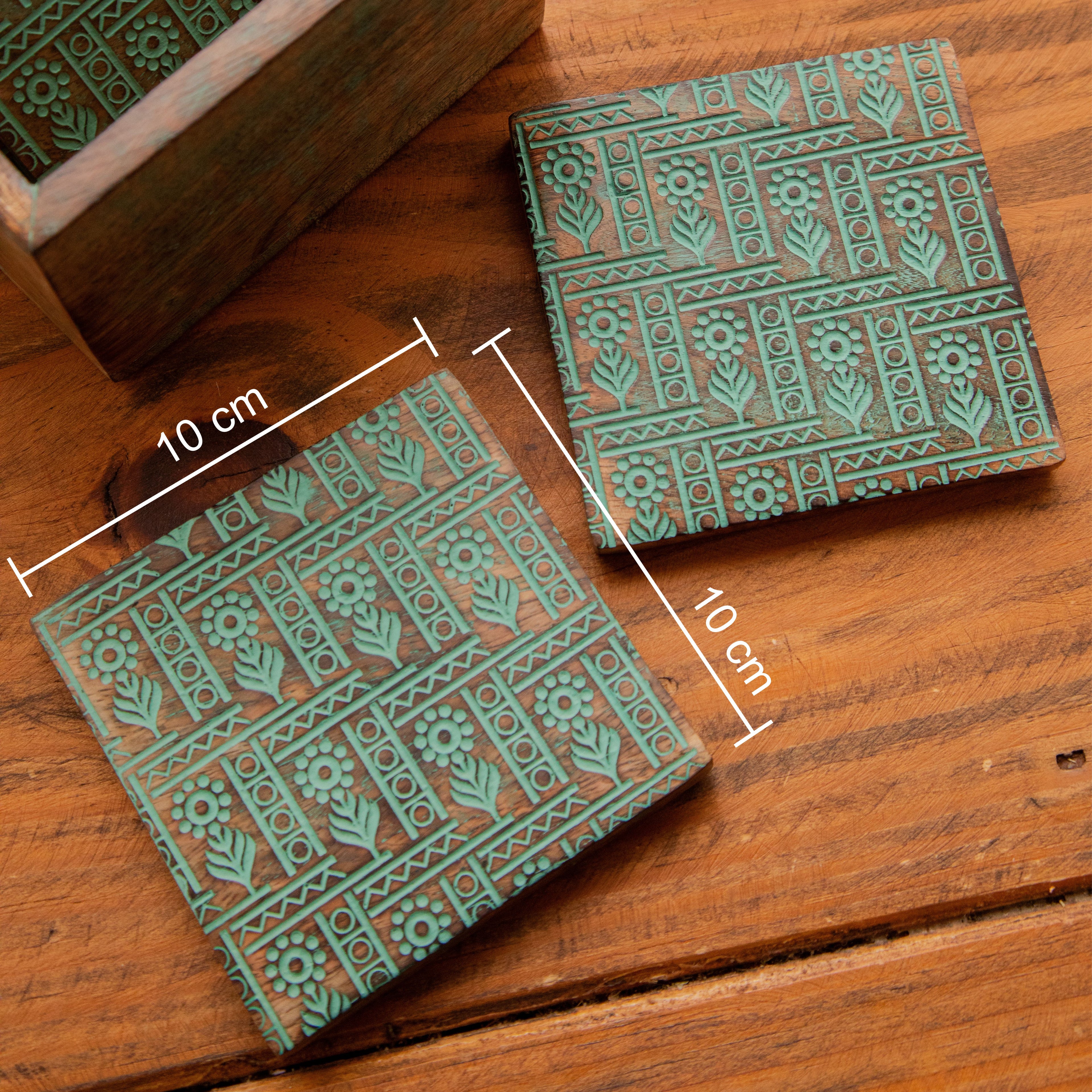 Tribal Motif Sesham Wood Coasters with Holder– Handcrafted Set of 6