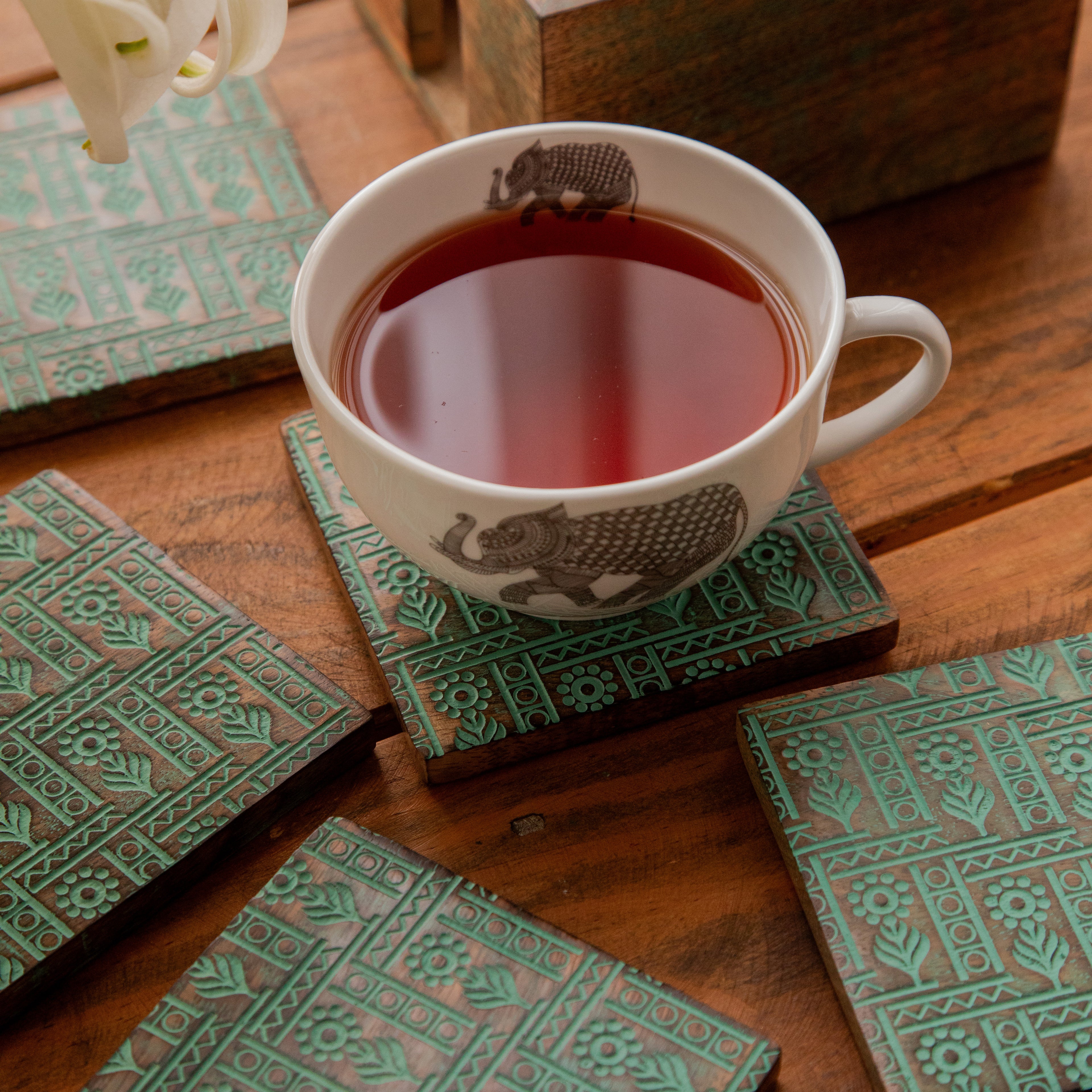 Tribal Motif Sesham Wood Coasters with Holder– Handcrafted Set of 6