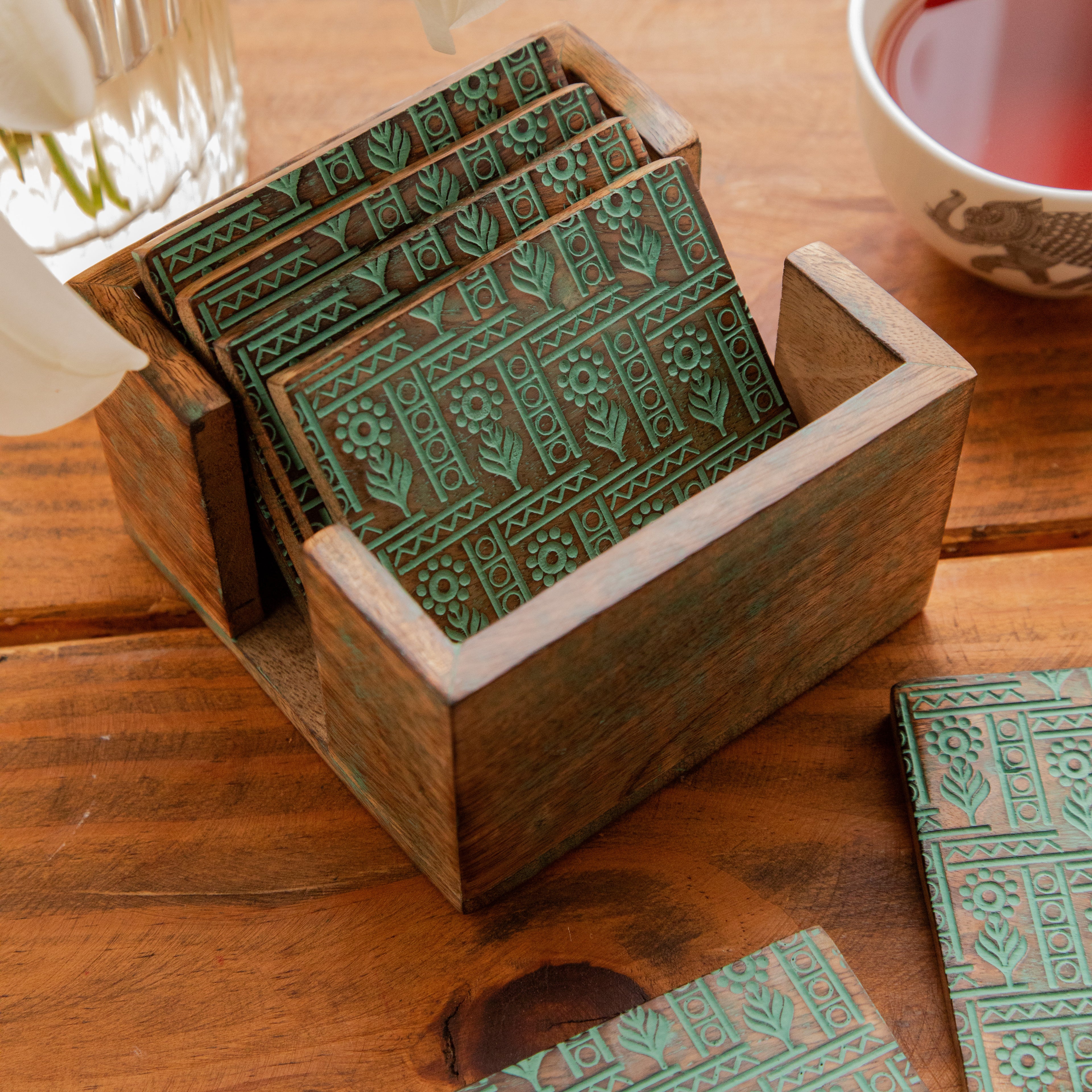 Tribal Motif Sesham Wood Coasters with Holder– Handcrafted Set of 6