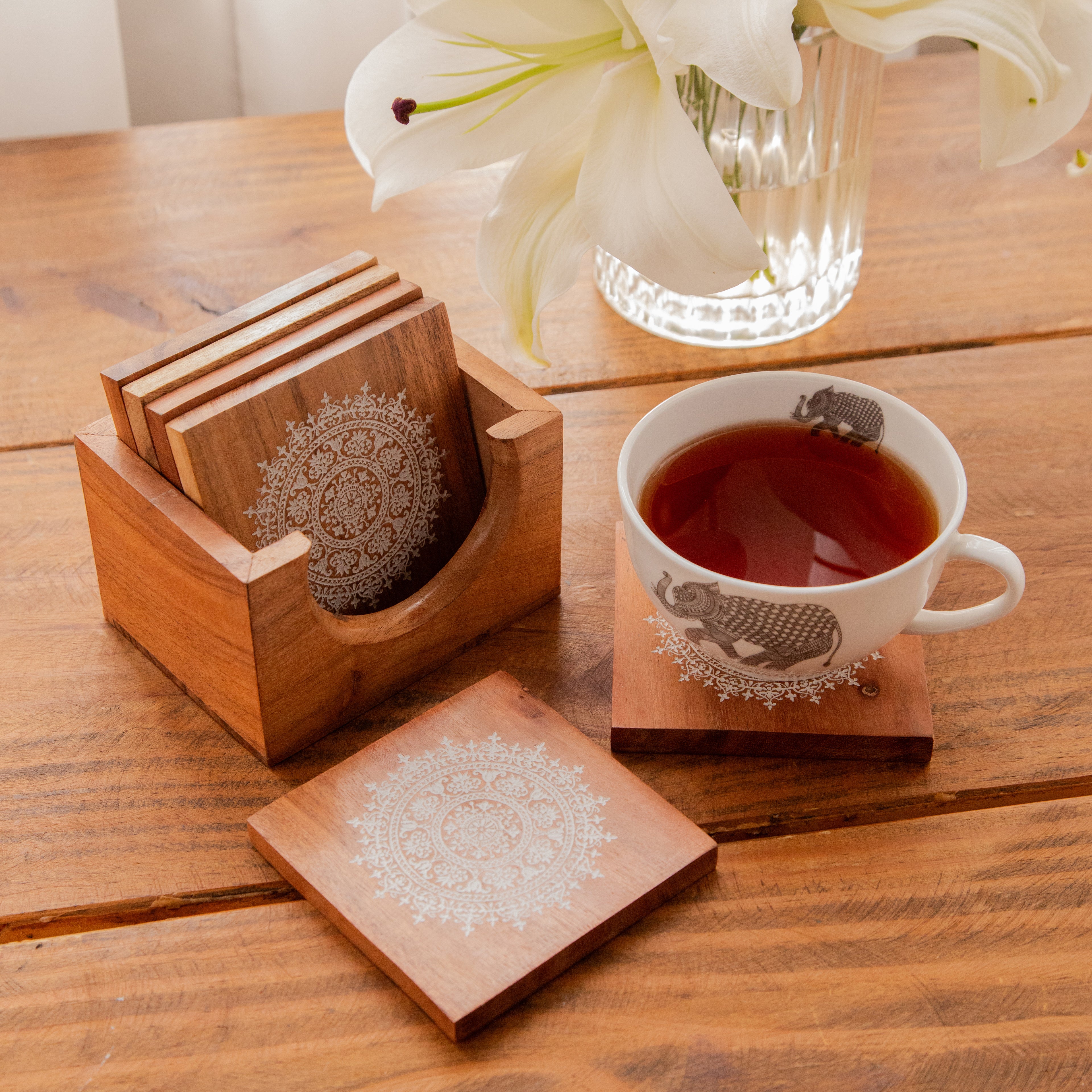 Serenity Mandala Sesham Wood Coasters with Holder – Handcrafted Set of 6