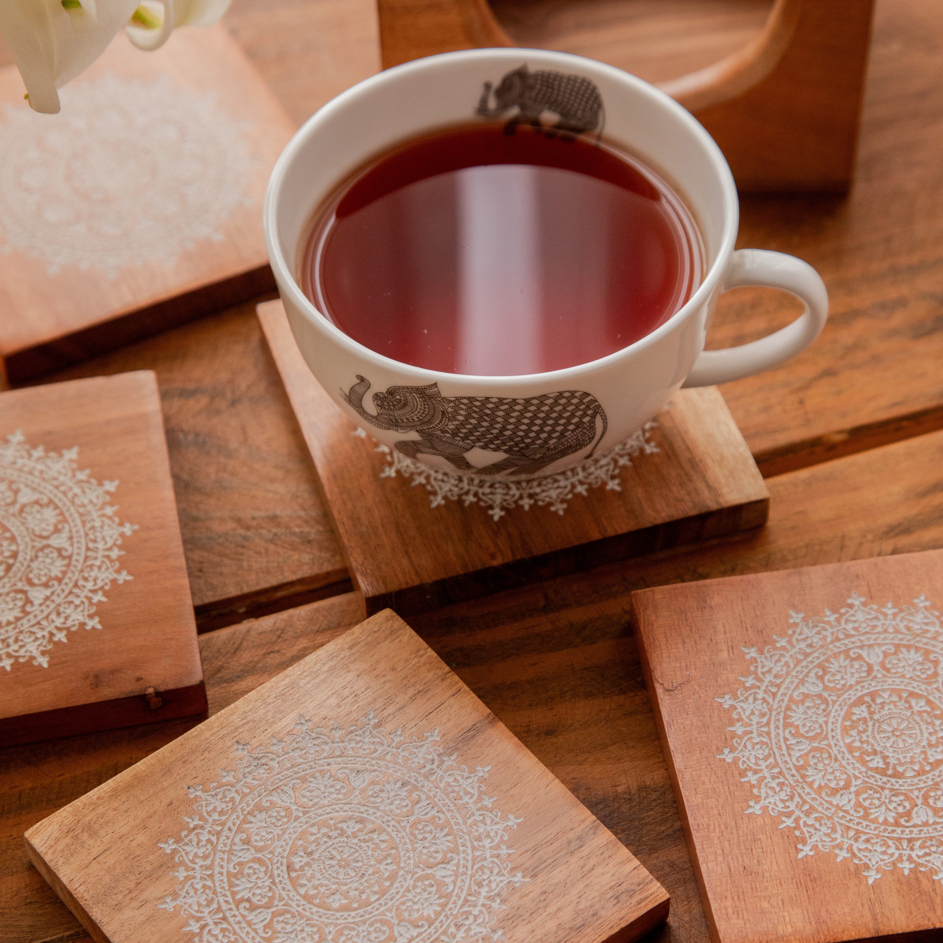 Serenity Mandala Sesham Wood Coasters with Holder – Handcrafted Set of 6