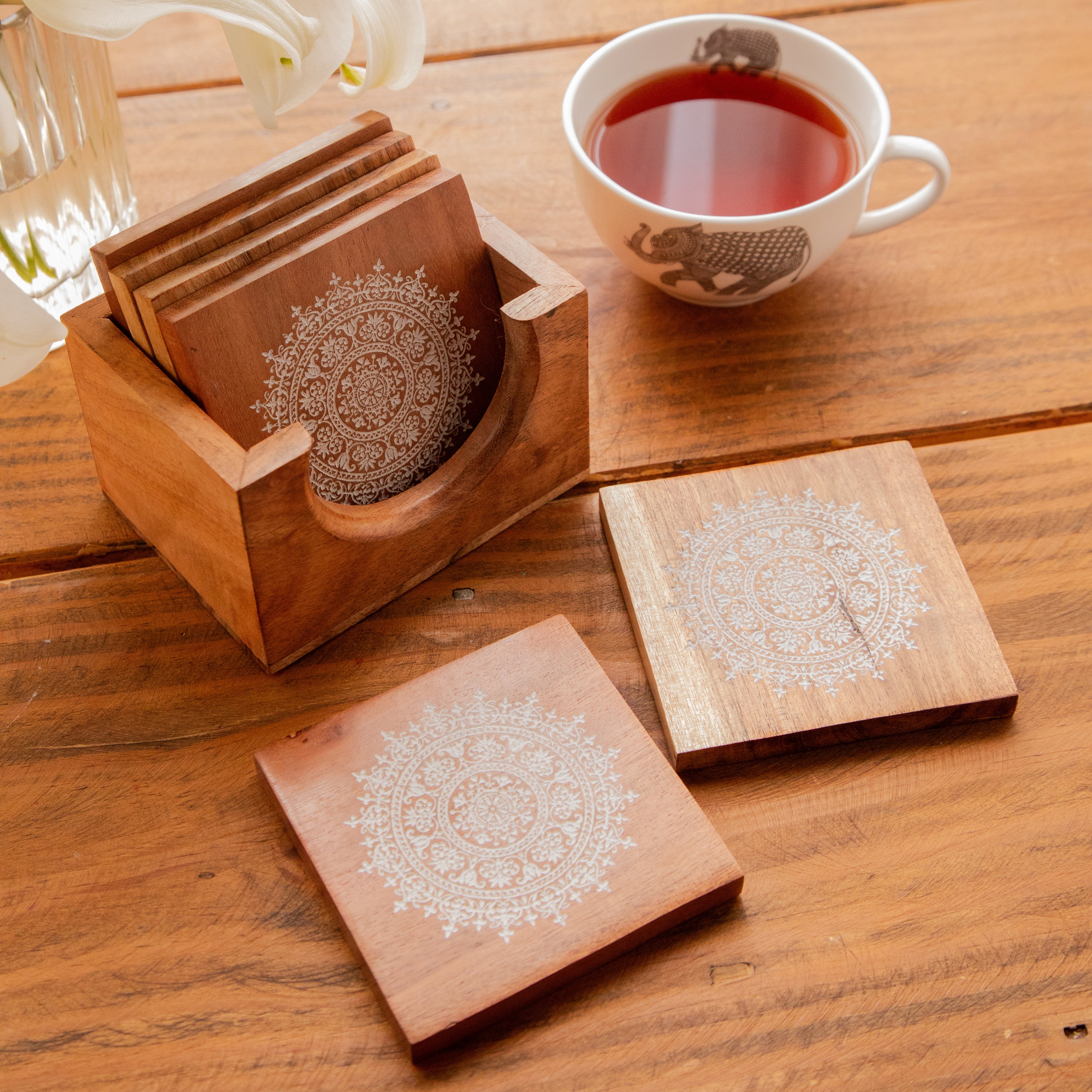 Serenity Mandala Sesham Wood Coasters with Holder – Handcrafted Set of 6