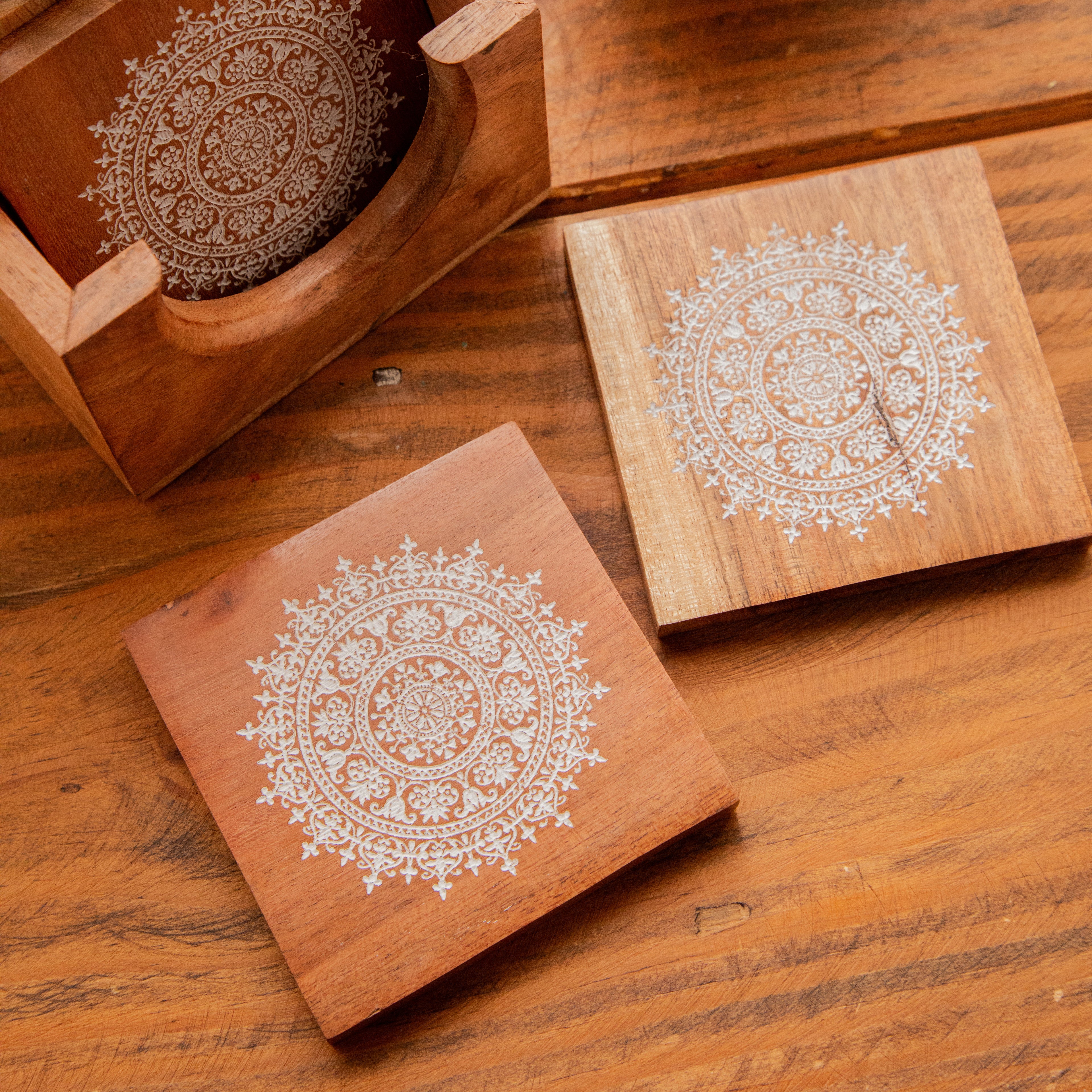 Serenity Mandala Sesham Wood Coasters with Holder – Handcrafted Set of 6