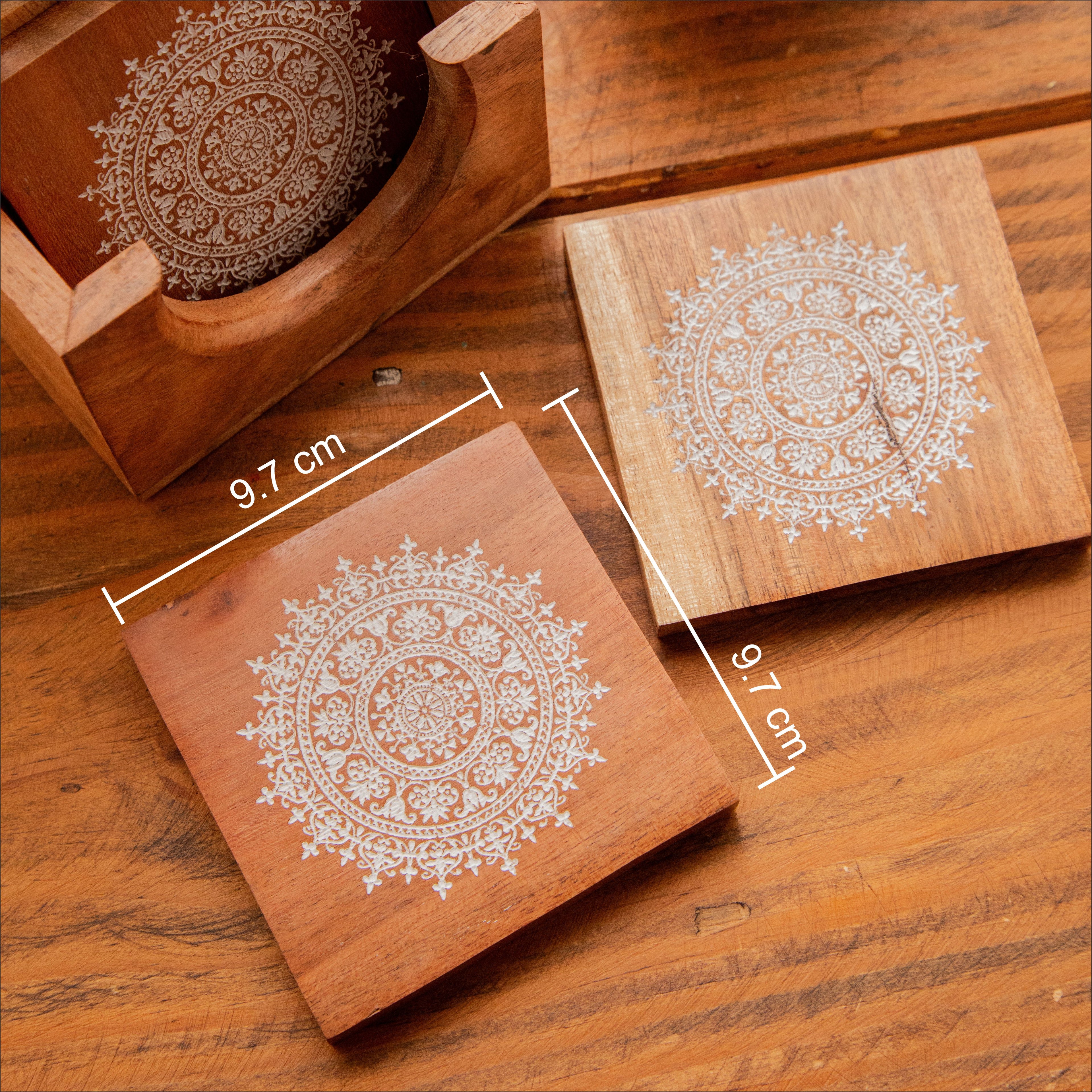 Serenity Mandala Sesham Wood Coasters with Holder – Handcrafted Set of 6