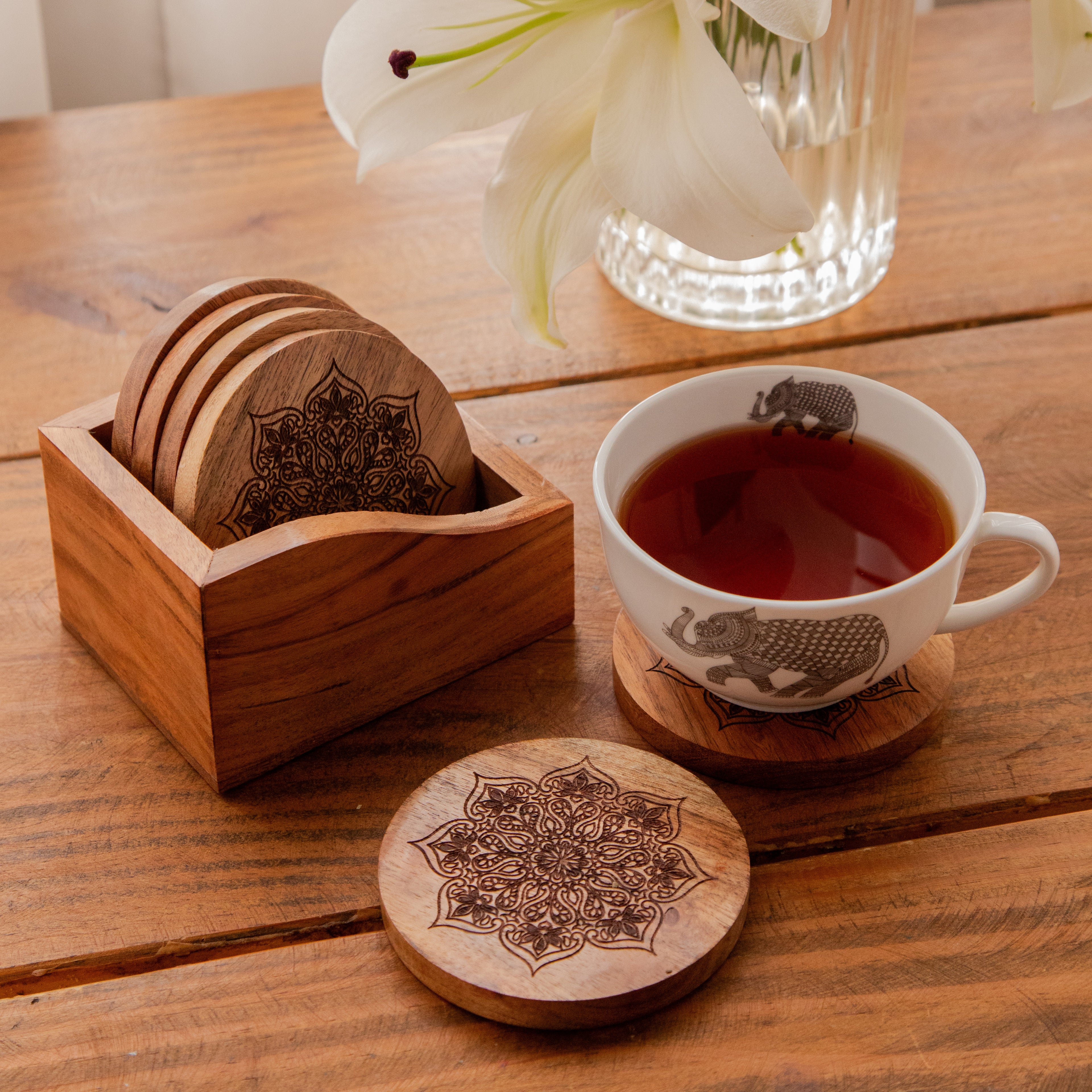 Mystic Lotus Round Sesham Wood Coasters with Holder – Handcrafted Set of 6