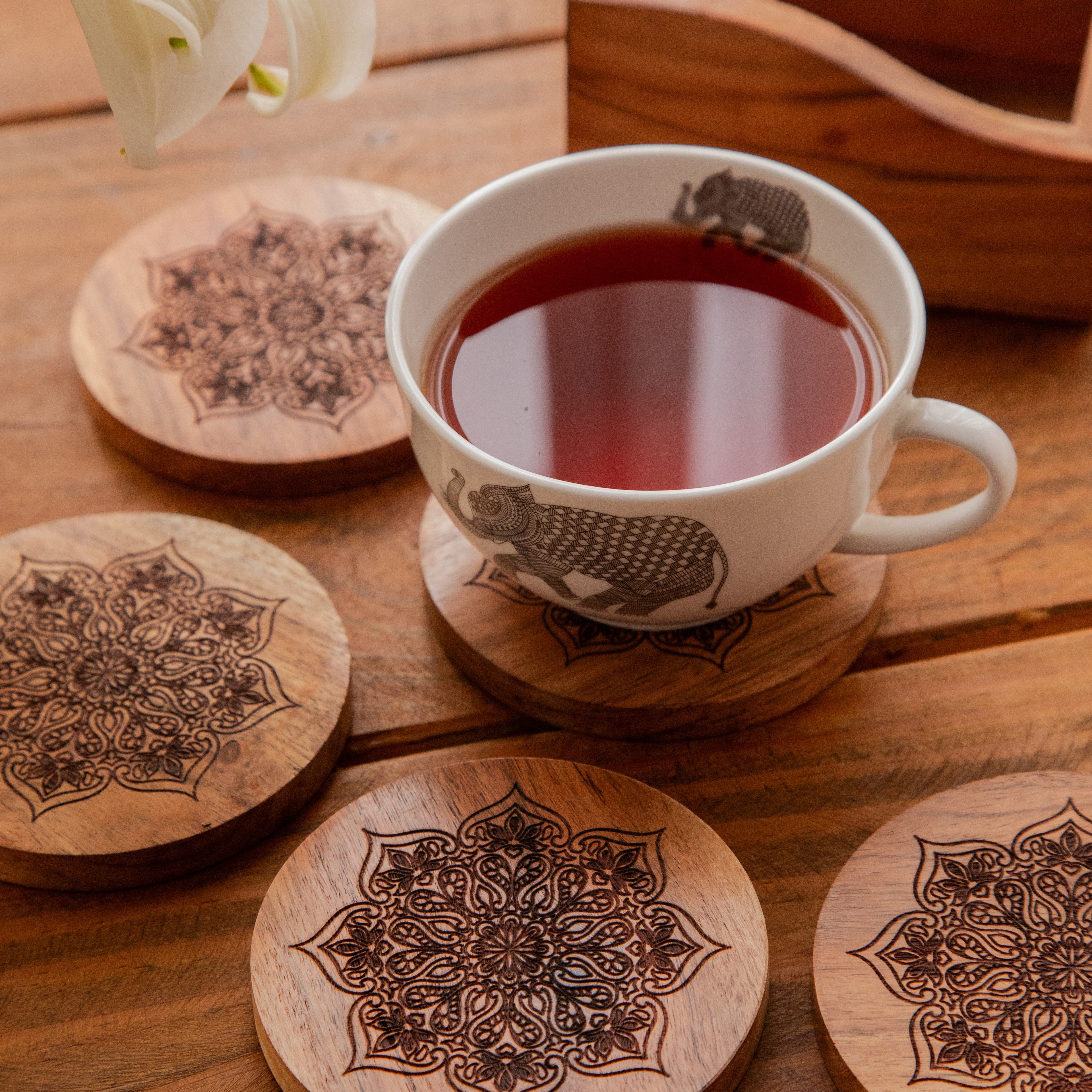 Mystic Lotus Round Sesham Wood Coasters with Holder – Handcrafted Set of 6