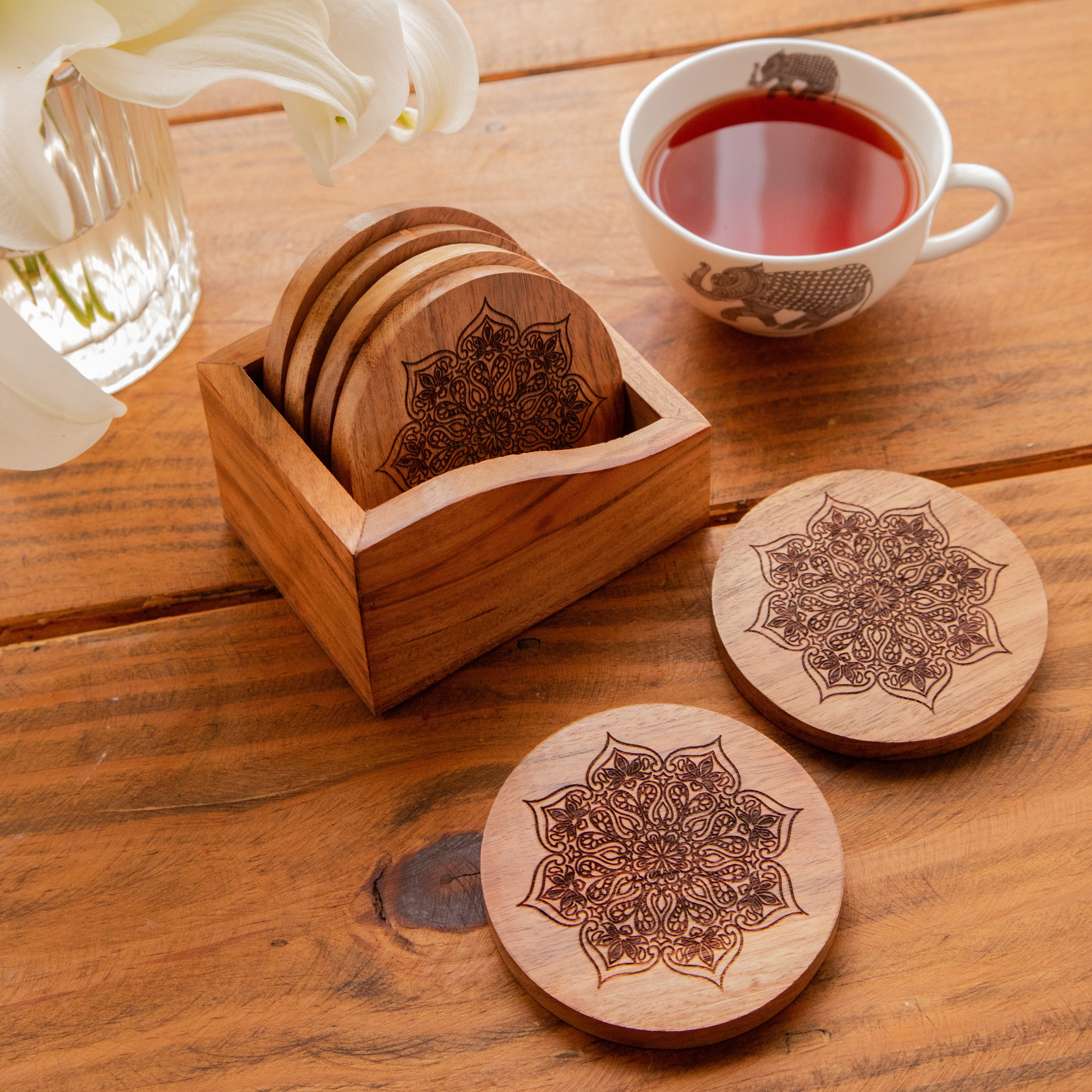 Mystic Lotus Round Sesham Wood Coasters with Holder – Handcrafted Set of 6