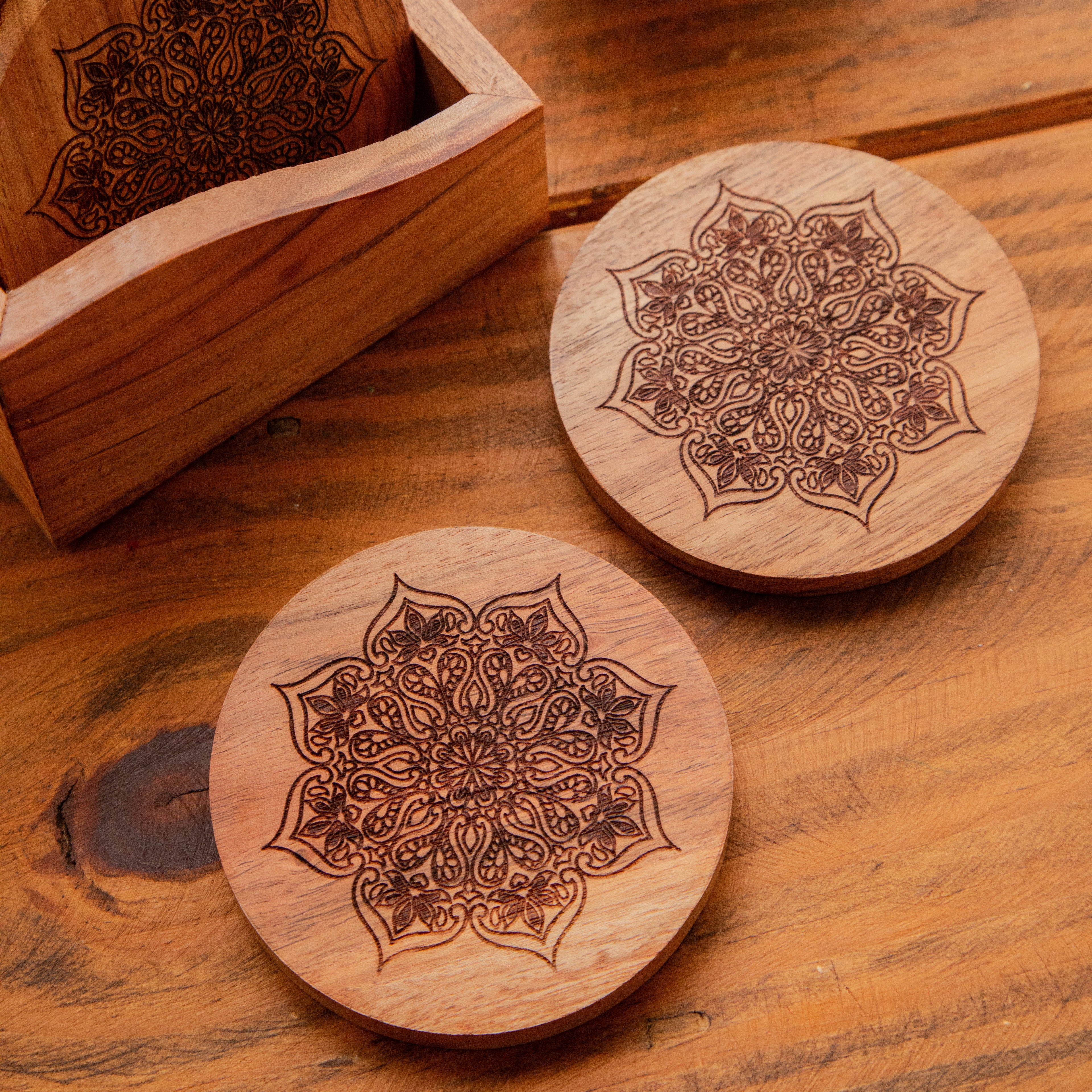 Mystic Lotus Round Sesham Wood Coasters with Holder – Handcrafted Set of 6