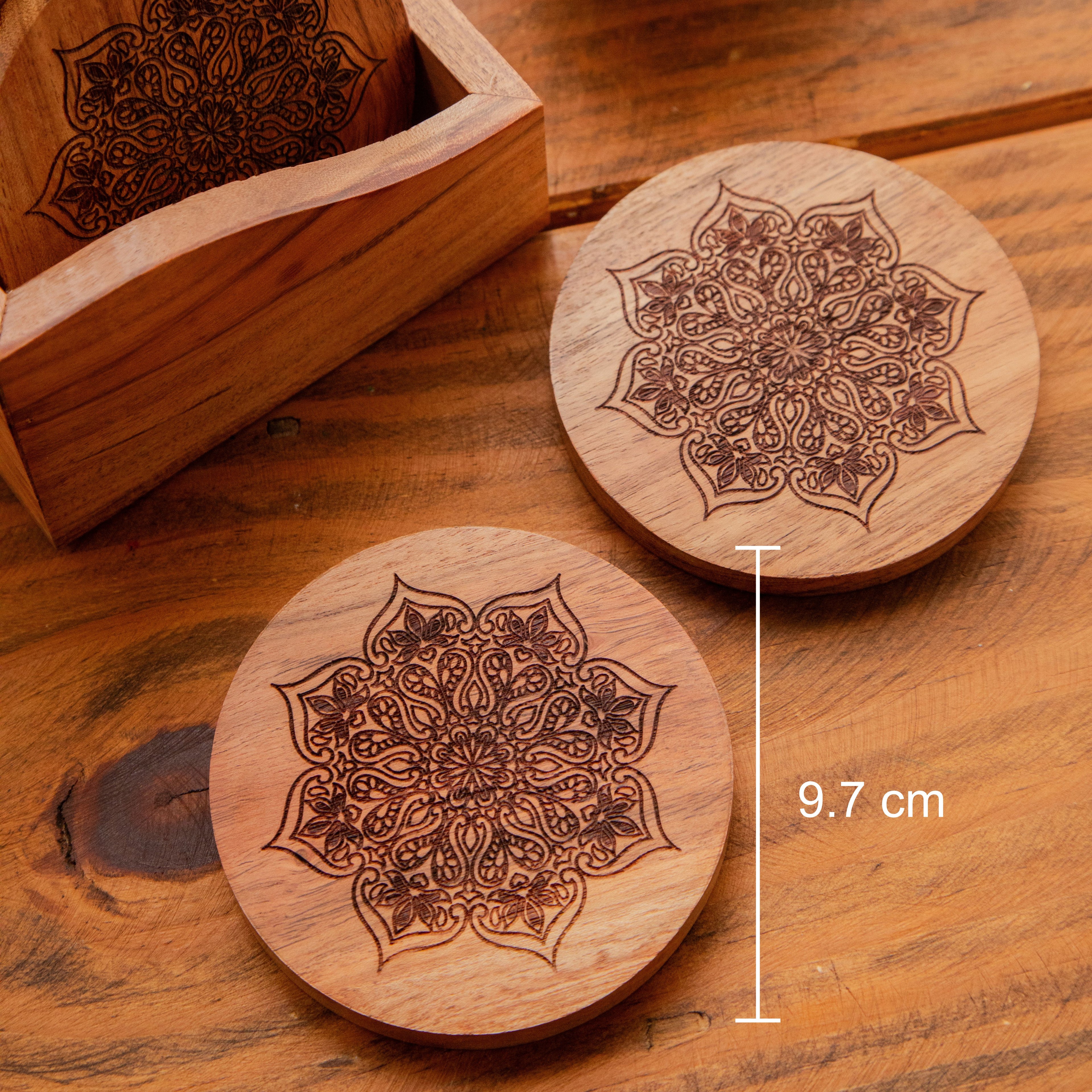 Mystic Lotus Round Sesham Wood Coasters with Holder – Handcrafted Set of 6