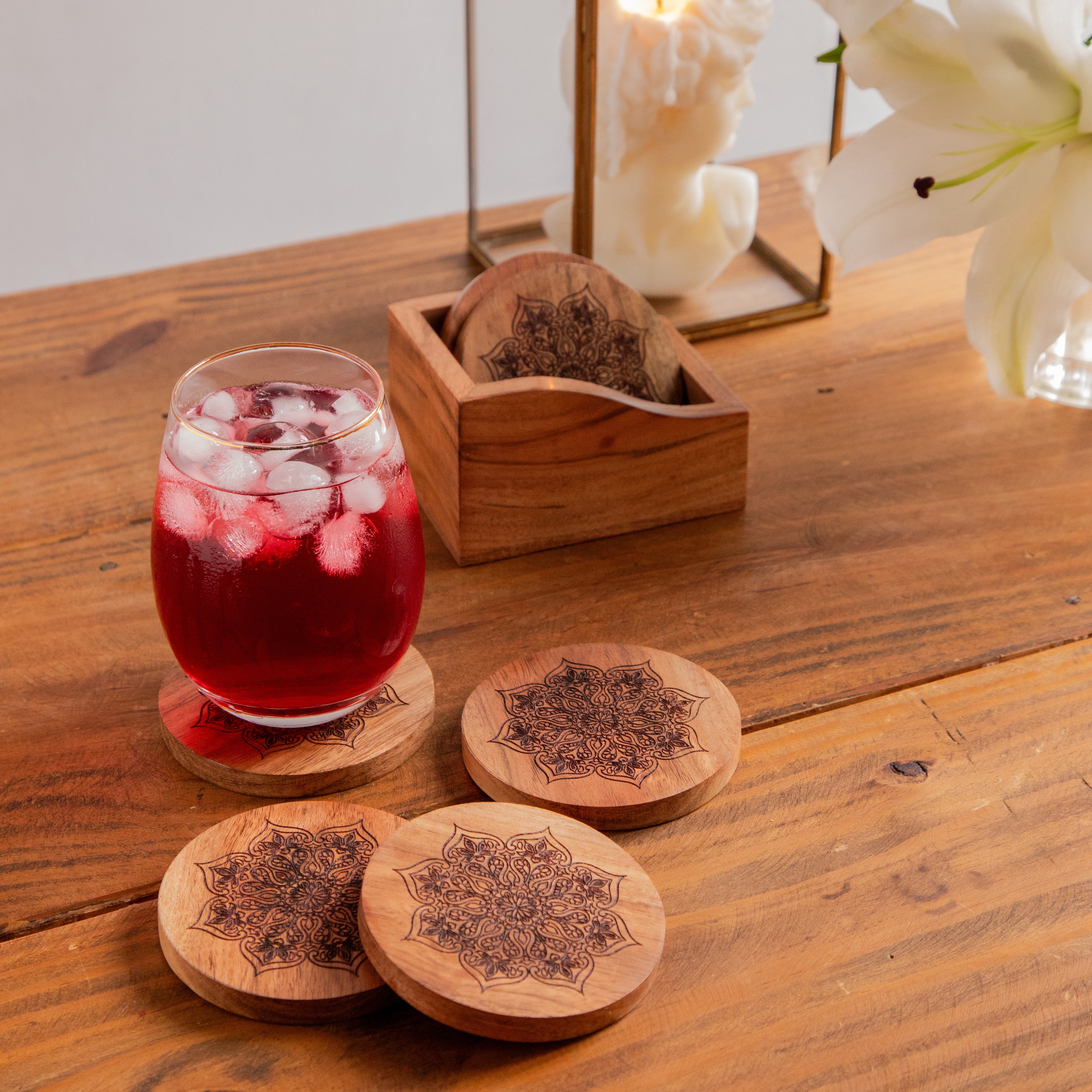 Mystic Lotus Round Sesham Wood Coasters with Holder – Handcrafted Set of 6