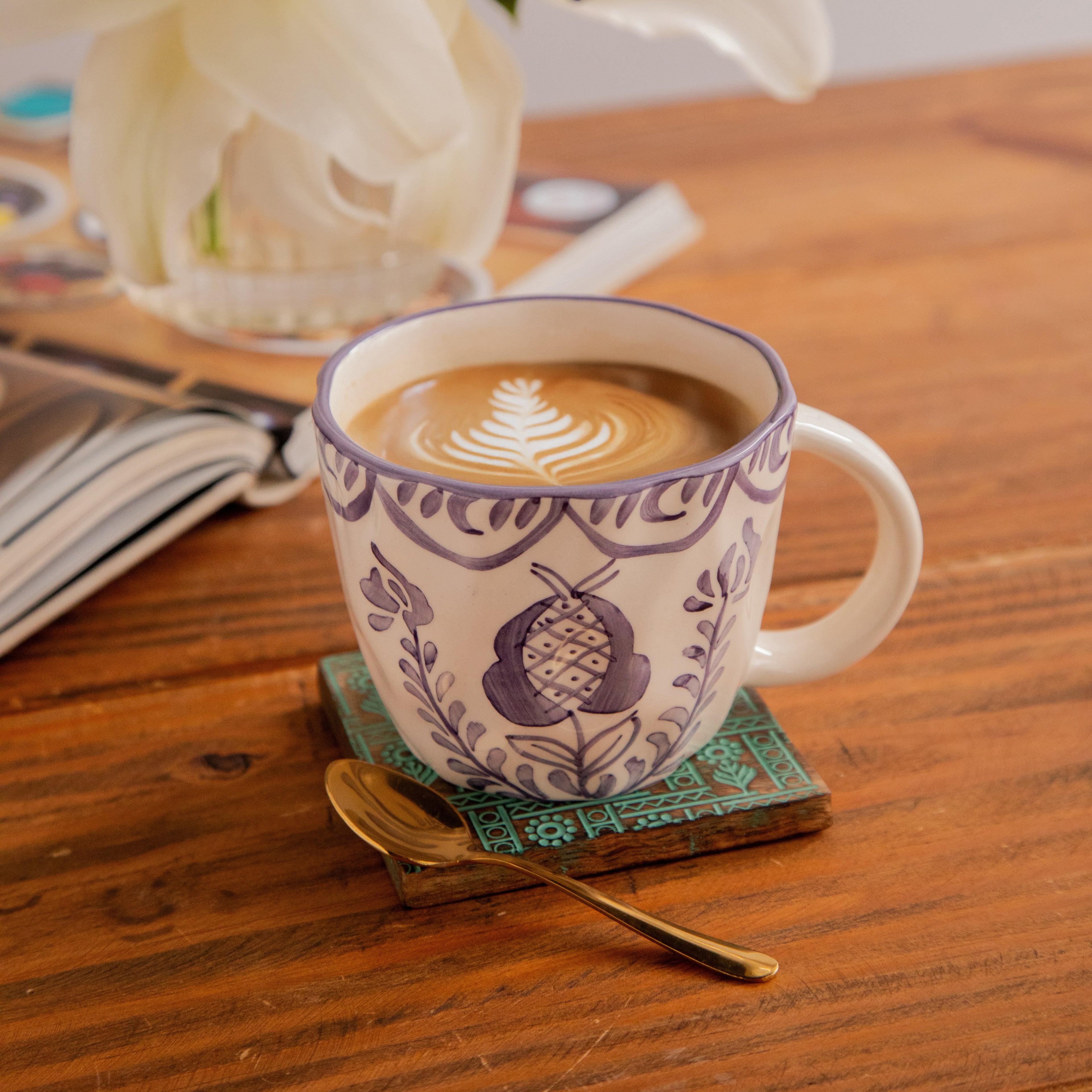 Indigo Bloom Hand-Painted Ceramic Mug (450 ml)