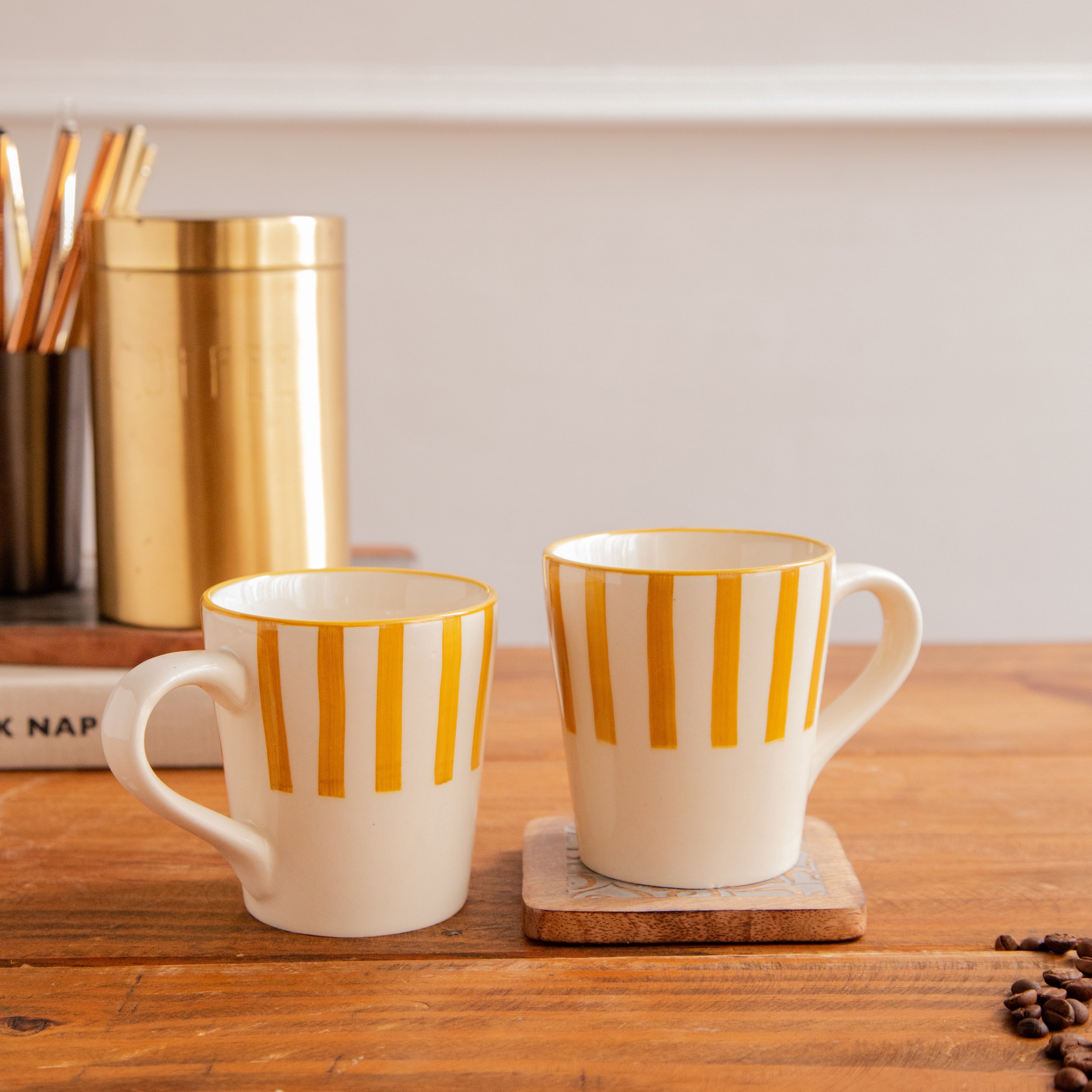 Amber Stripe Hand-Painted Ceramic Mug – 300 ml (Set of 2)