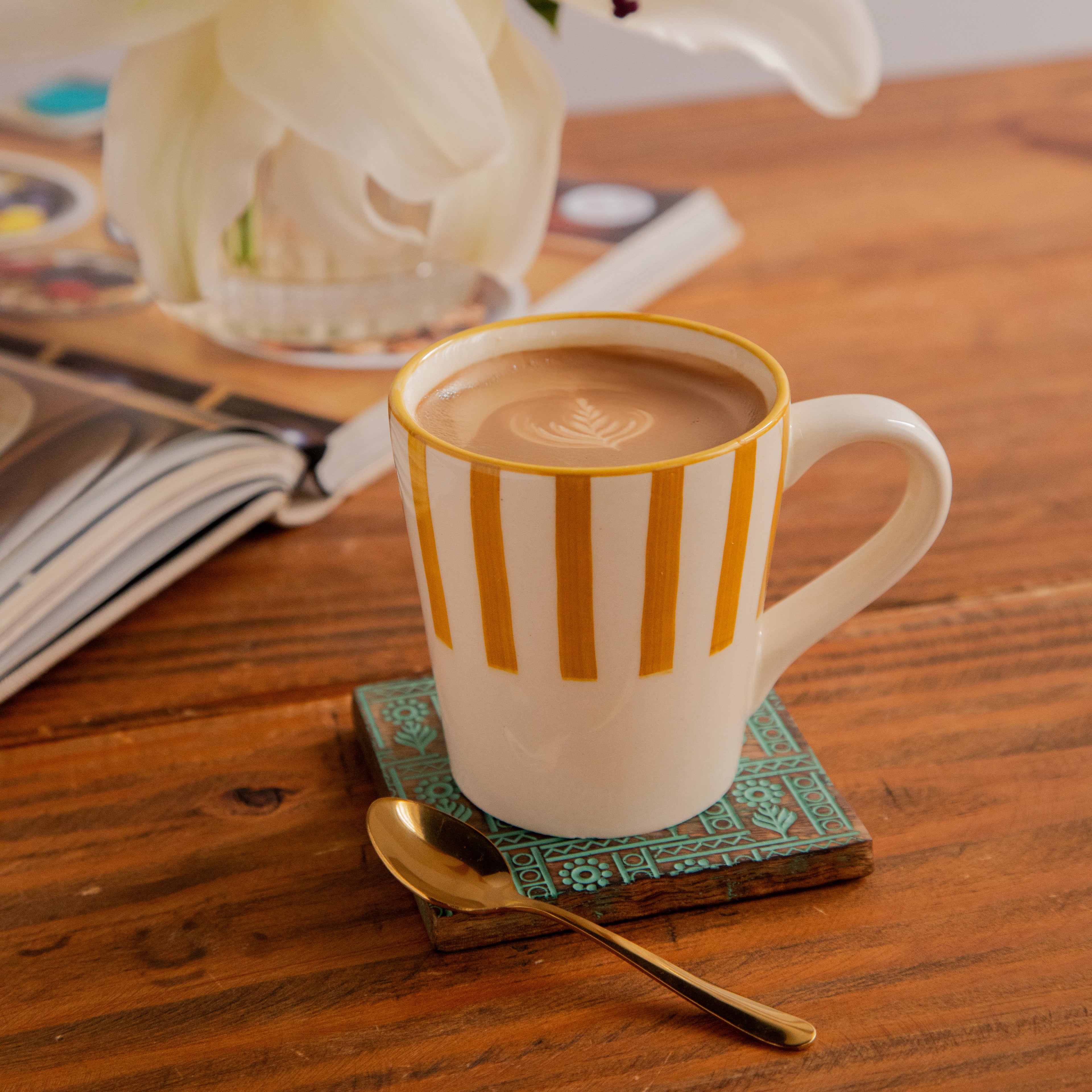 Amber Stripe Hand-Painted Ceramic Mug – 300 ml (Set of 2)