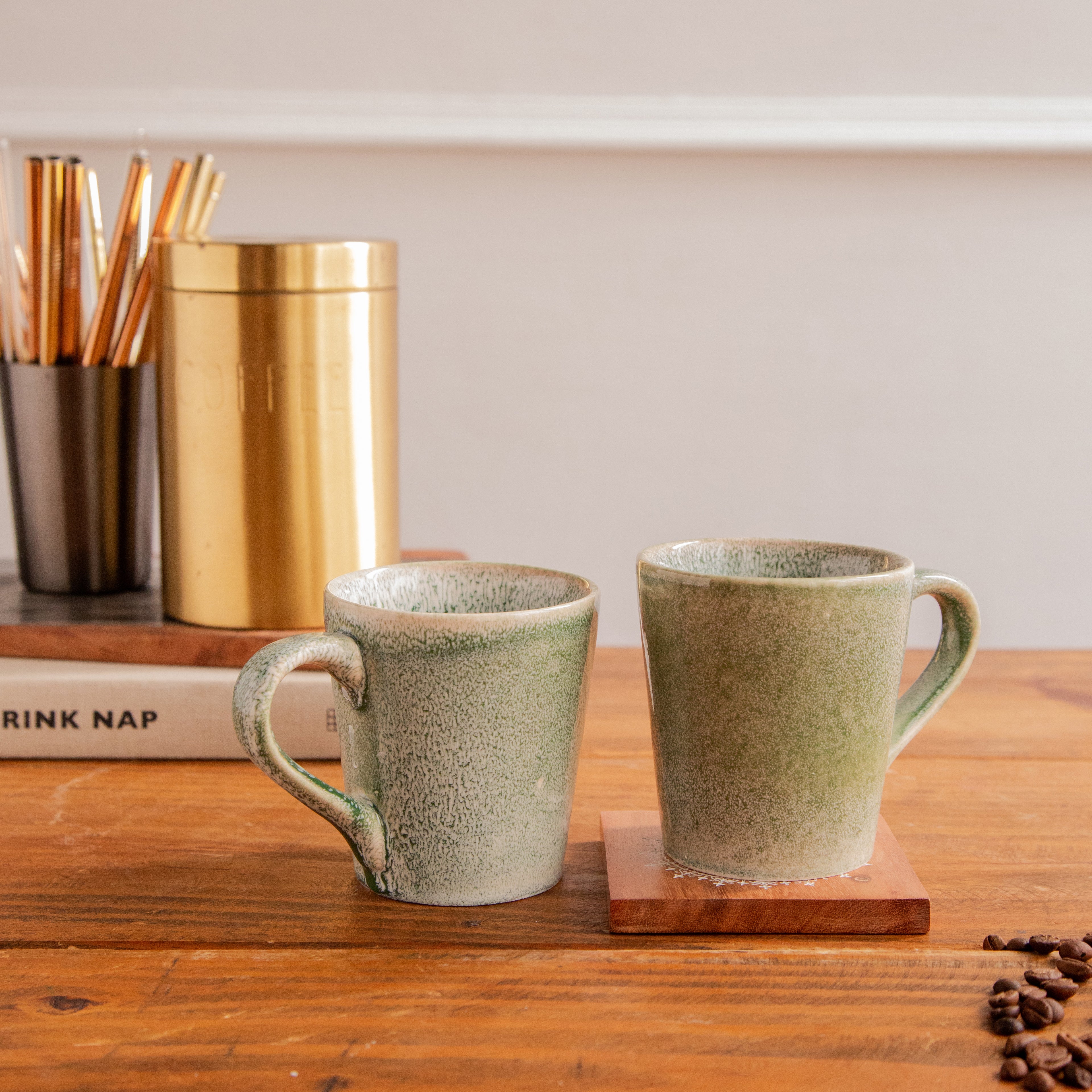 Forest Mist Hand-Painted Ceramic Mug – 300 ml (Set of 2)