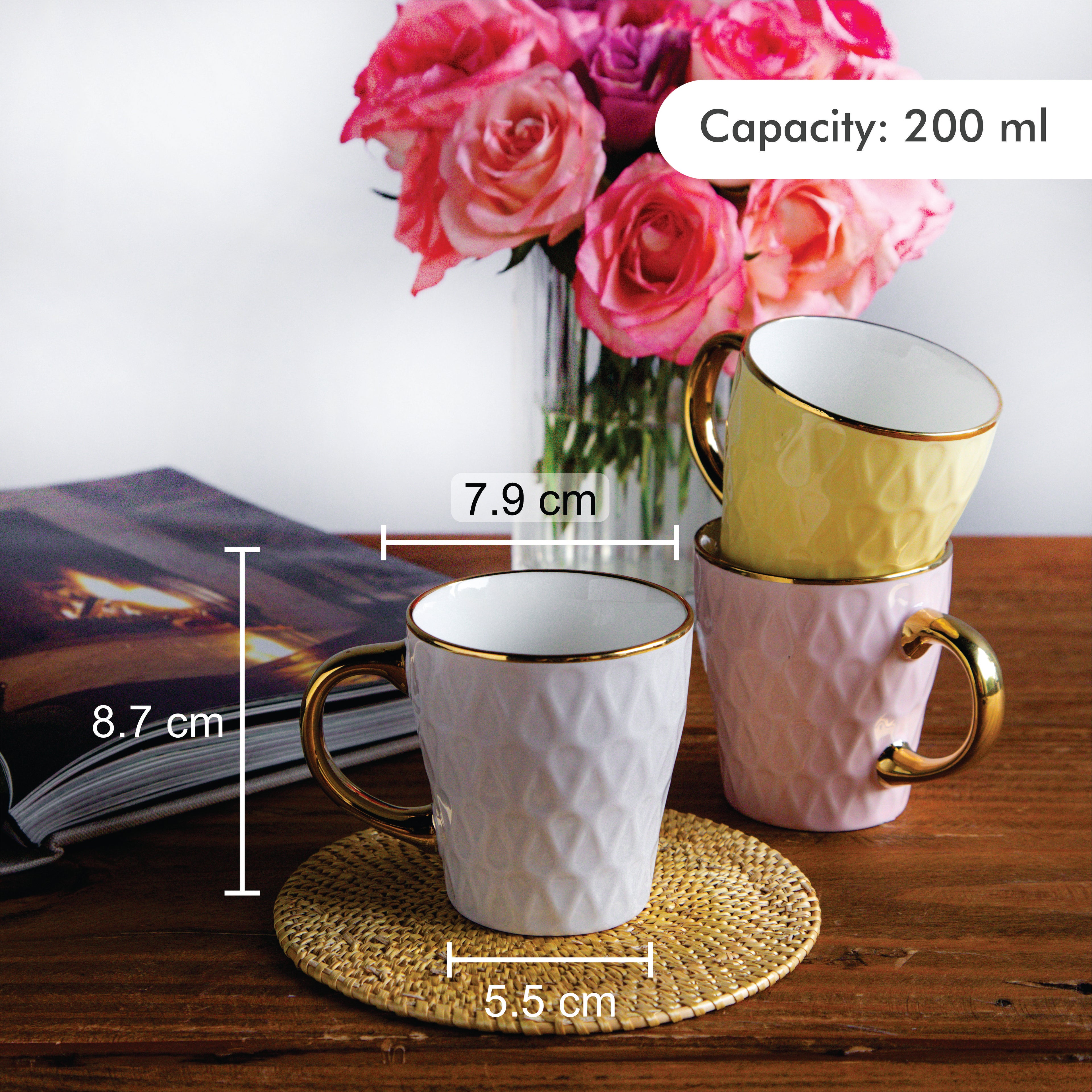 Golden Eterna Leaf Teacups – Set of 6 (200 ml, 3 Colors)