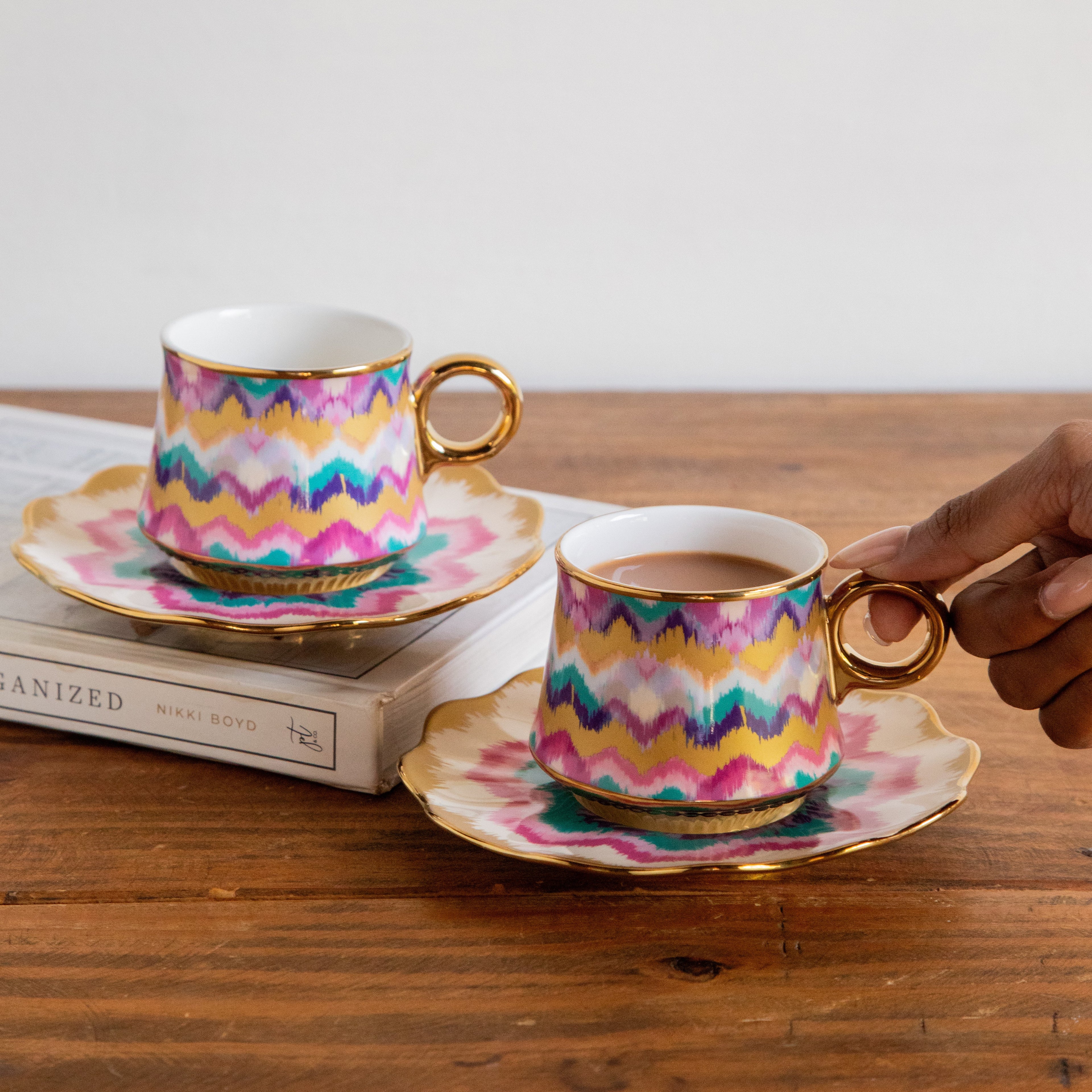 Majestic Ikat Waves Tea Set (6 Cups & Saucers) – 200 ml
