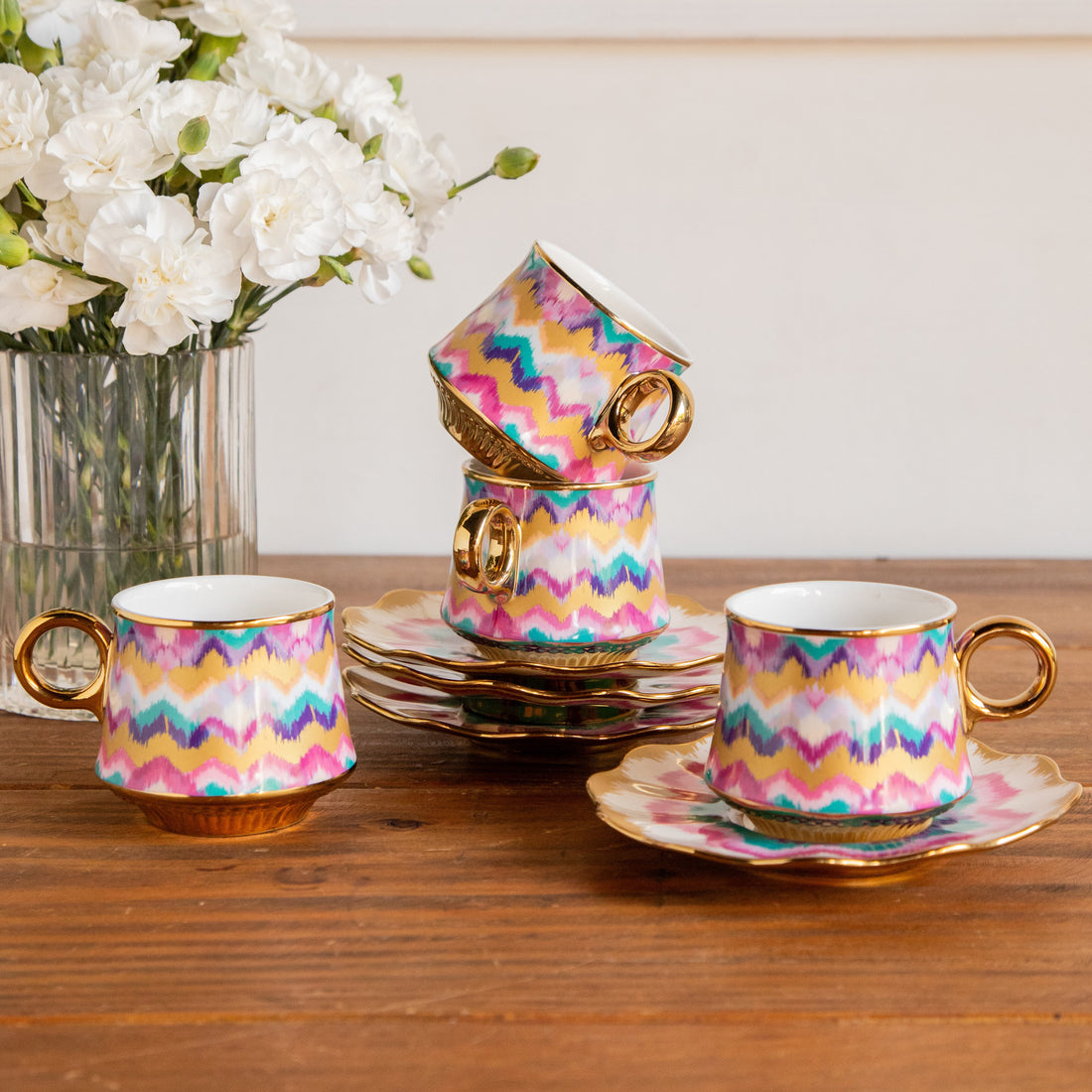 Majestic Ikat Waves Tea Set (6 Cups & Saucers) – 200 ml