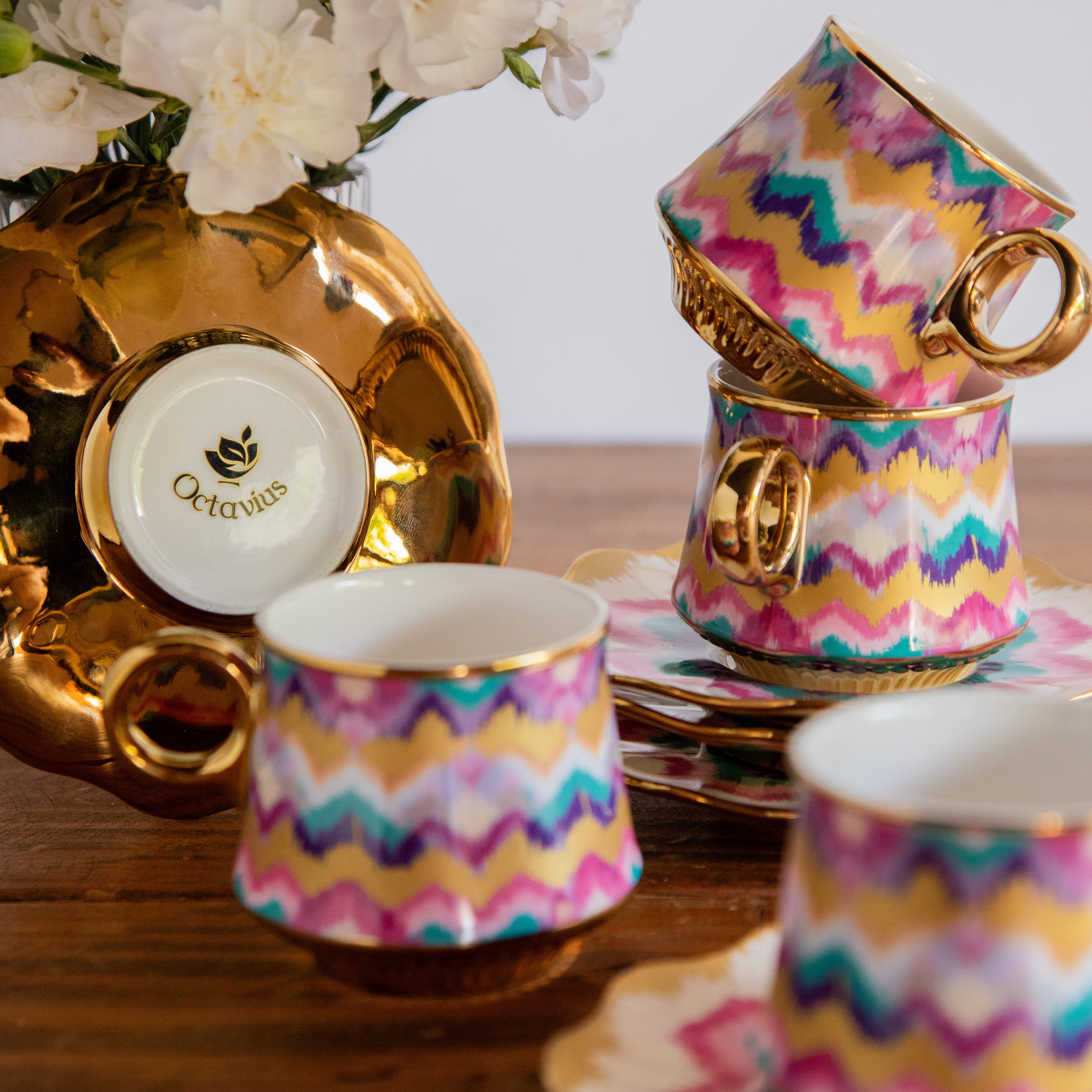 Majestic Ikat Waves Tea Set (6 Cups & Saucers) – 200 ml