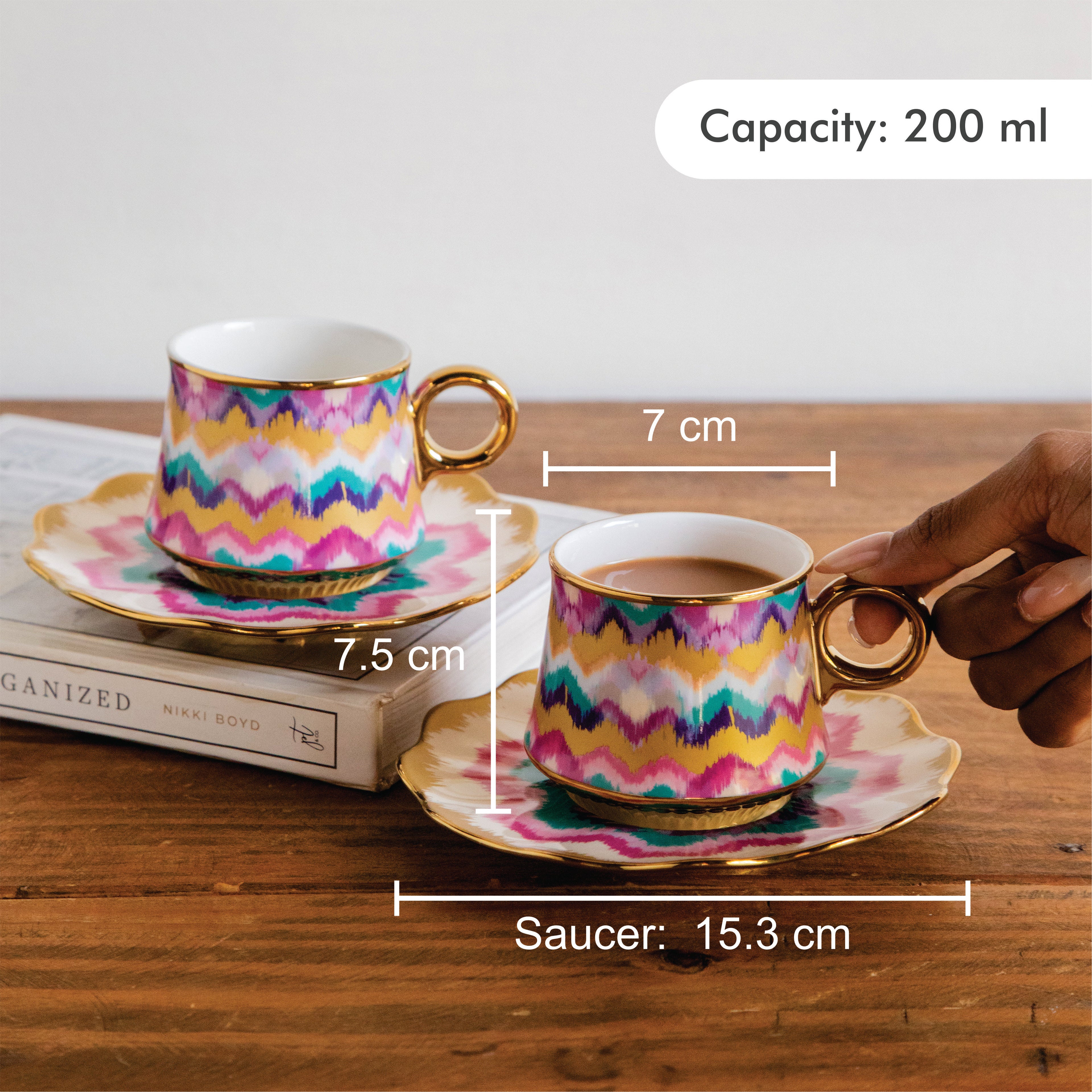Majestic Ikat Waves Tea Set (6 Cups & Saucers) – 200 ml
