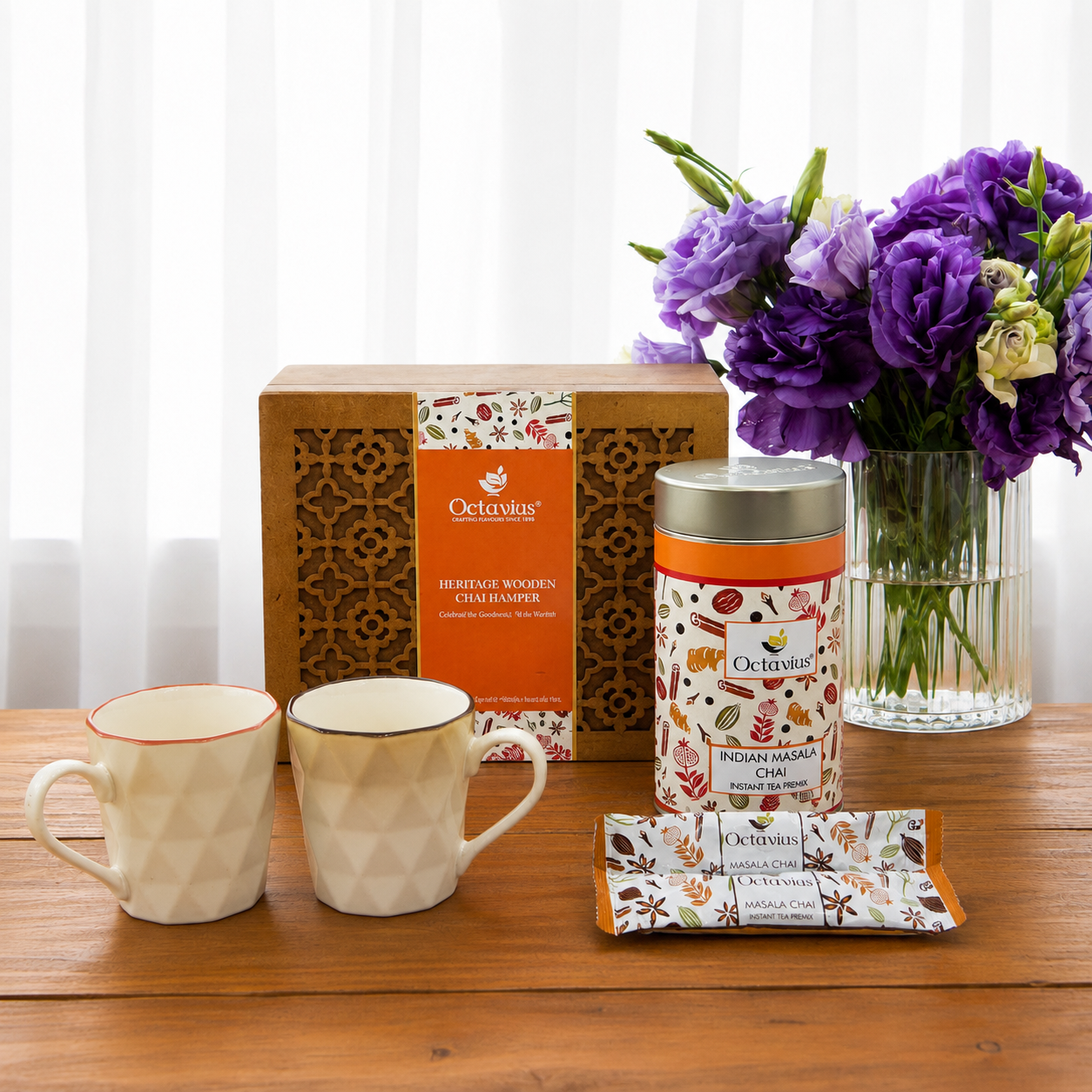Heritage Wooden Chai Hamper – Masala Tea Premix & Ceramic Cups