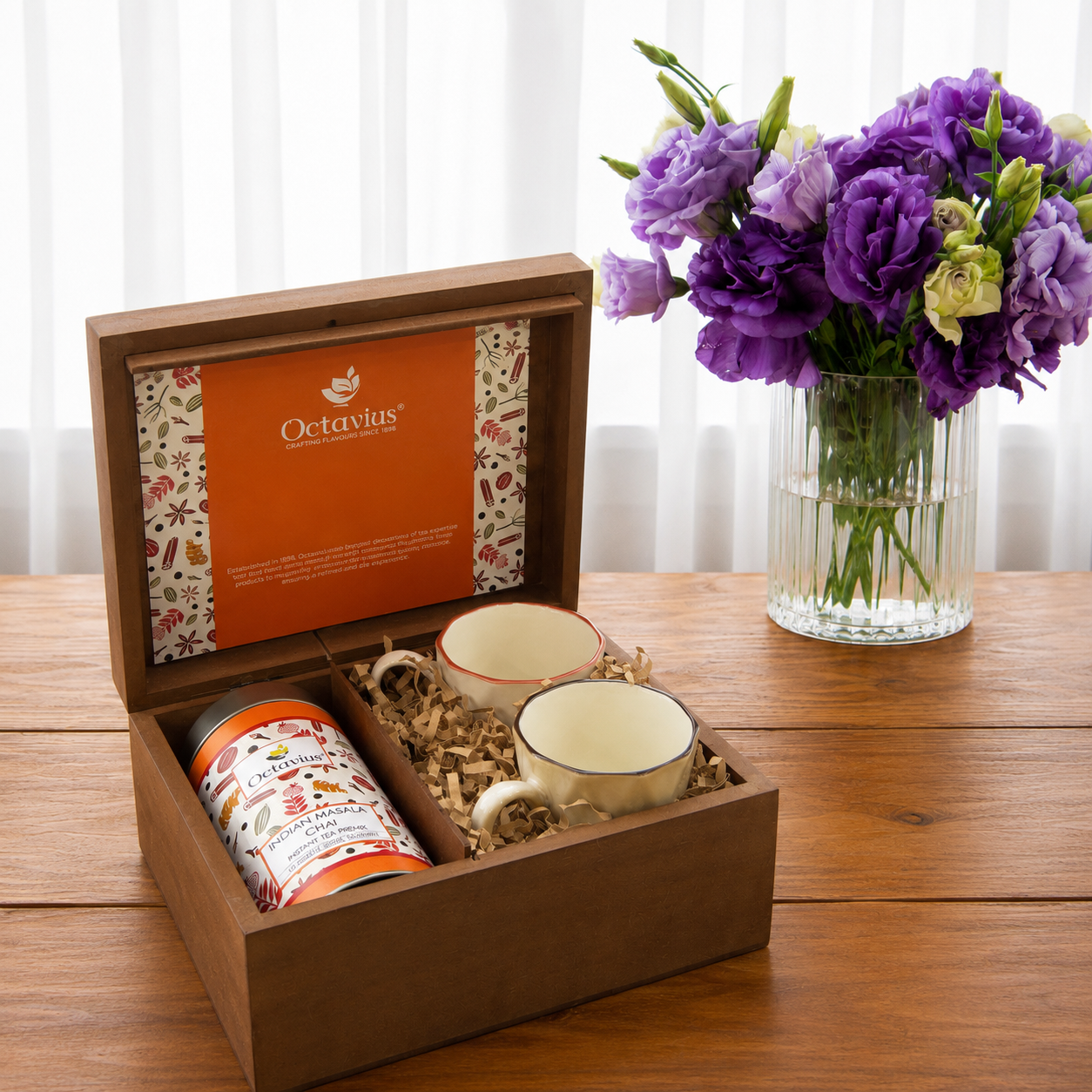 Heritage Wooden Chai Hamper – Masala Tea Premix & Ceramic Cups