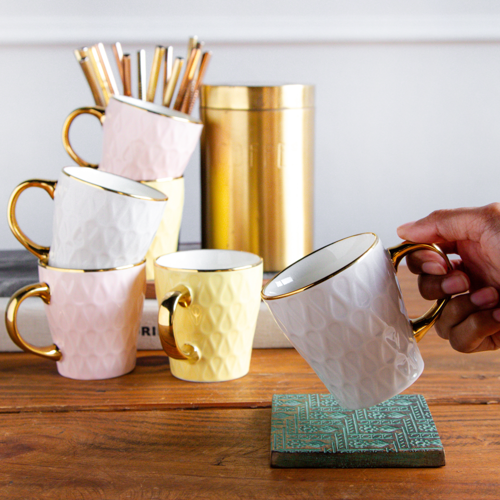 Golden Eterna Leaf Teacups – Set of 6 (200 ml, 3 Colors)