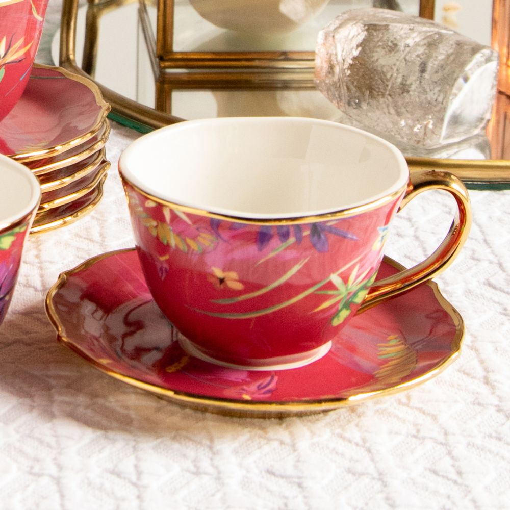 Imperial Crimson Bloom Tea Set (6 Cups & Saucers) – 200 ml