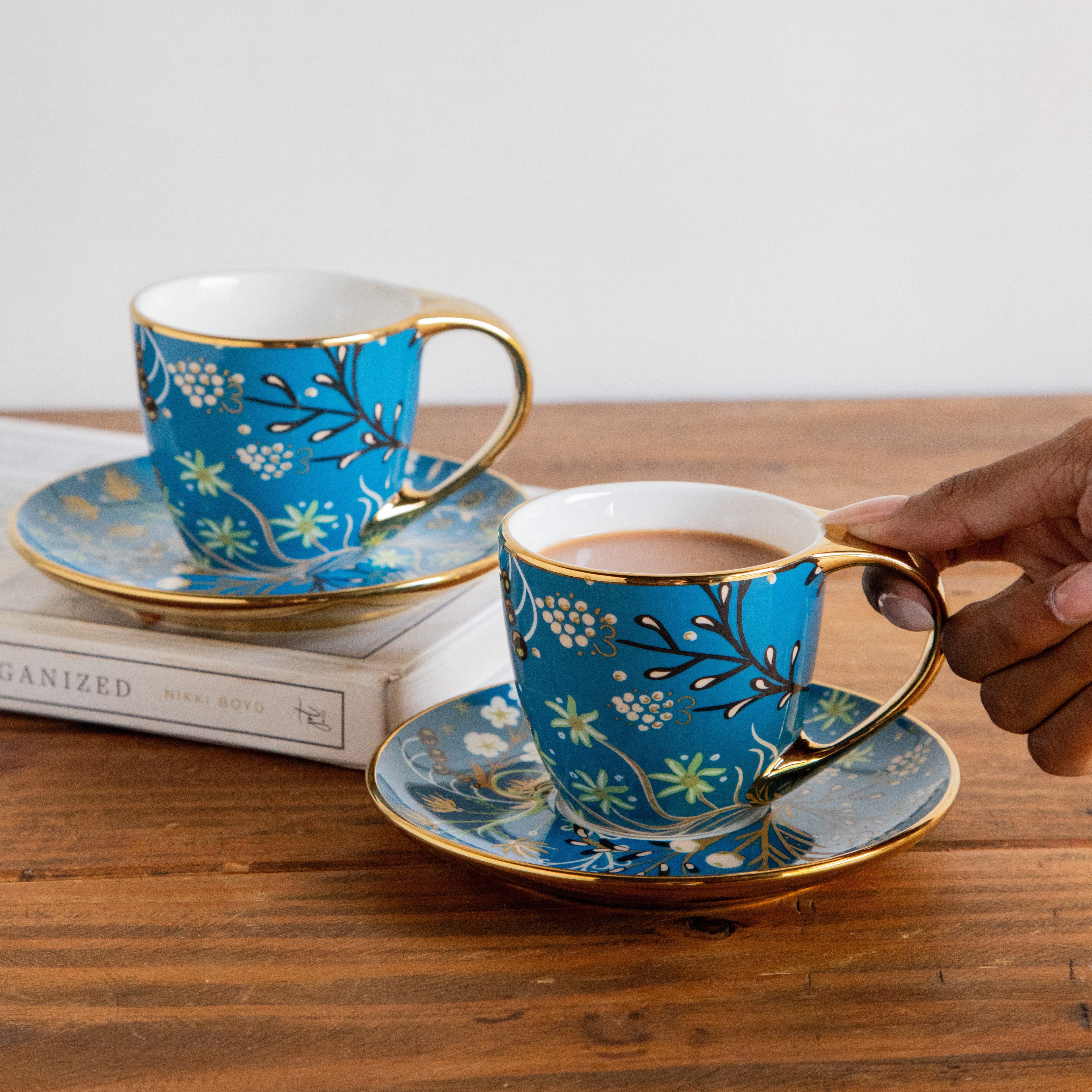 Royal Azure Bloom Tea Set (6 Cups & Saucers) – 200 ML Each