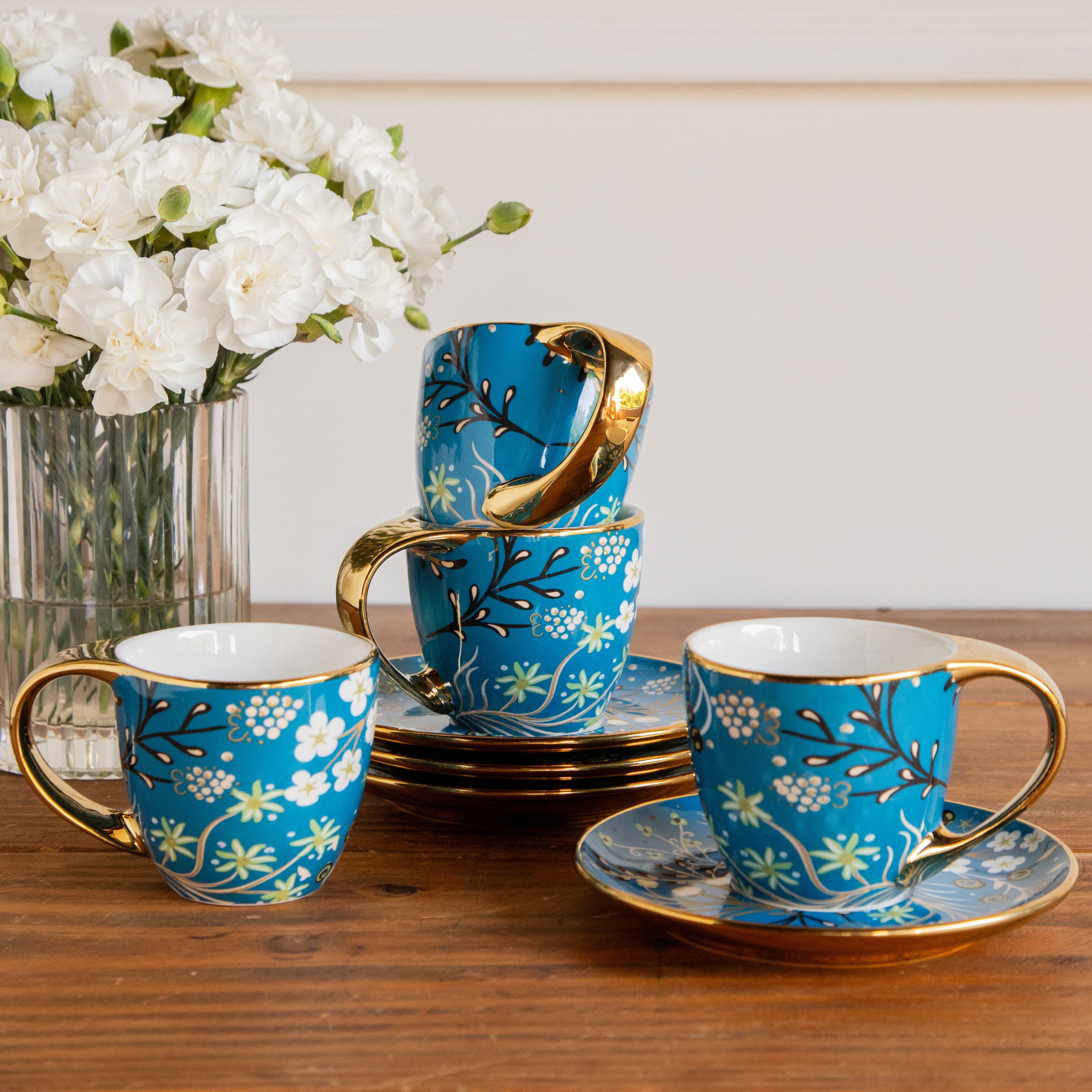 Royal Azure Bloom Tea Set (6 Cups & Saucers) – 200 ML Each
