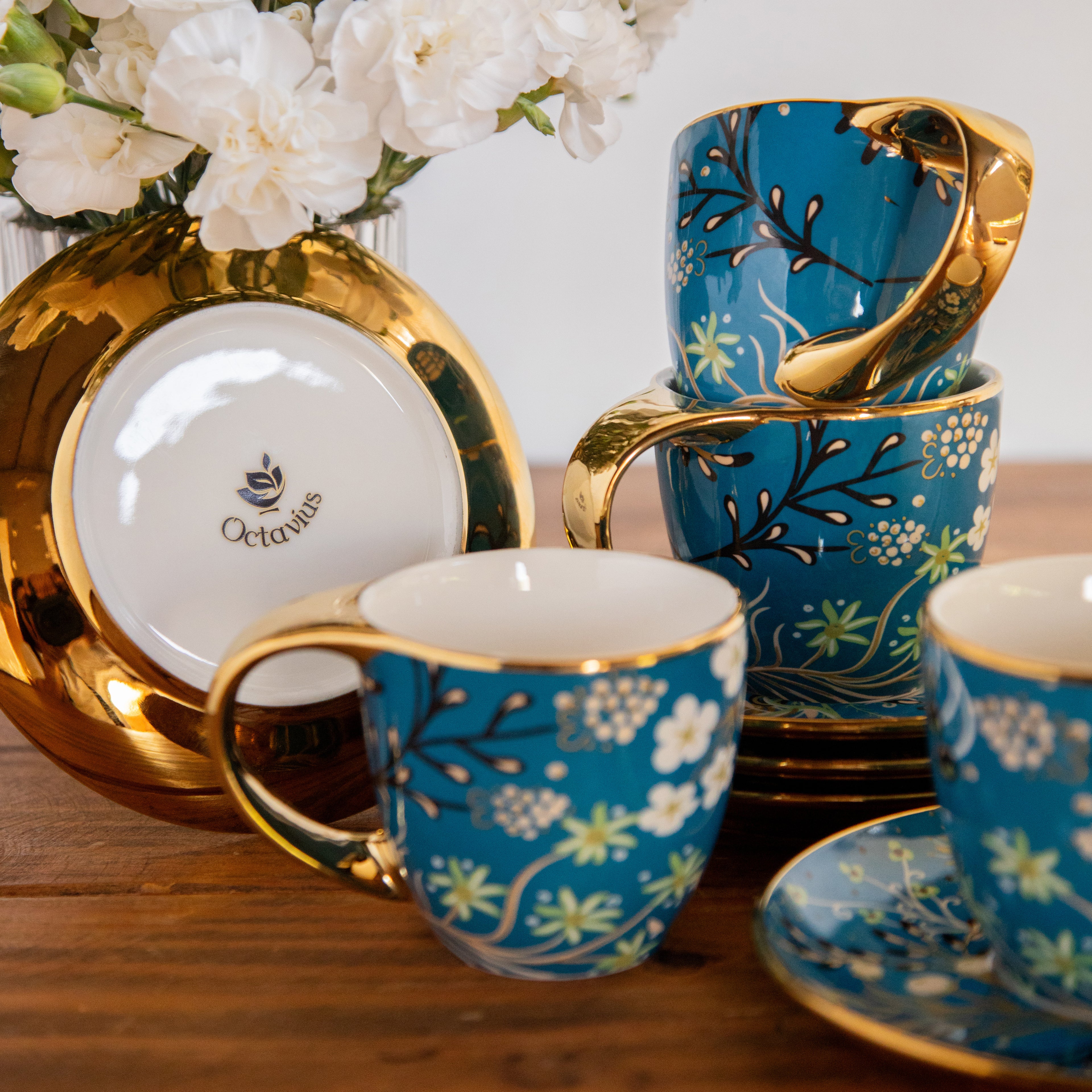 Royal Azure Bloom Tea Set (6 Cups & Saucers) – 200 ML Each