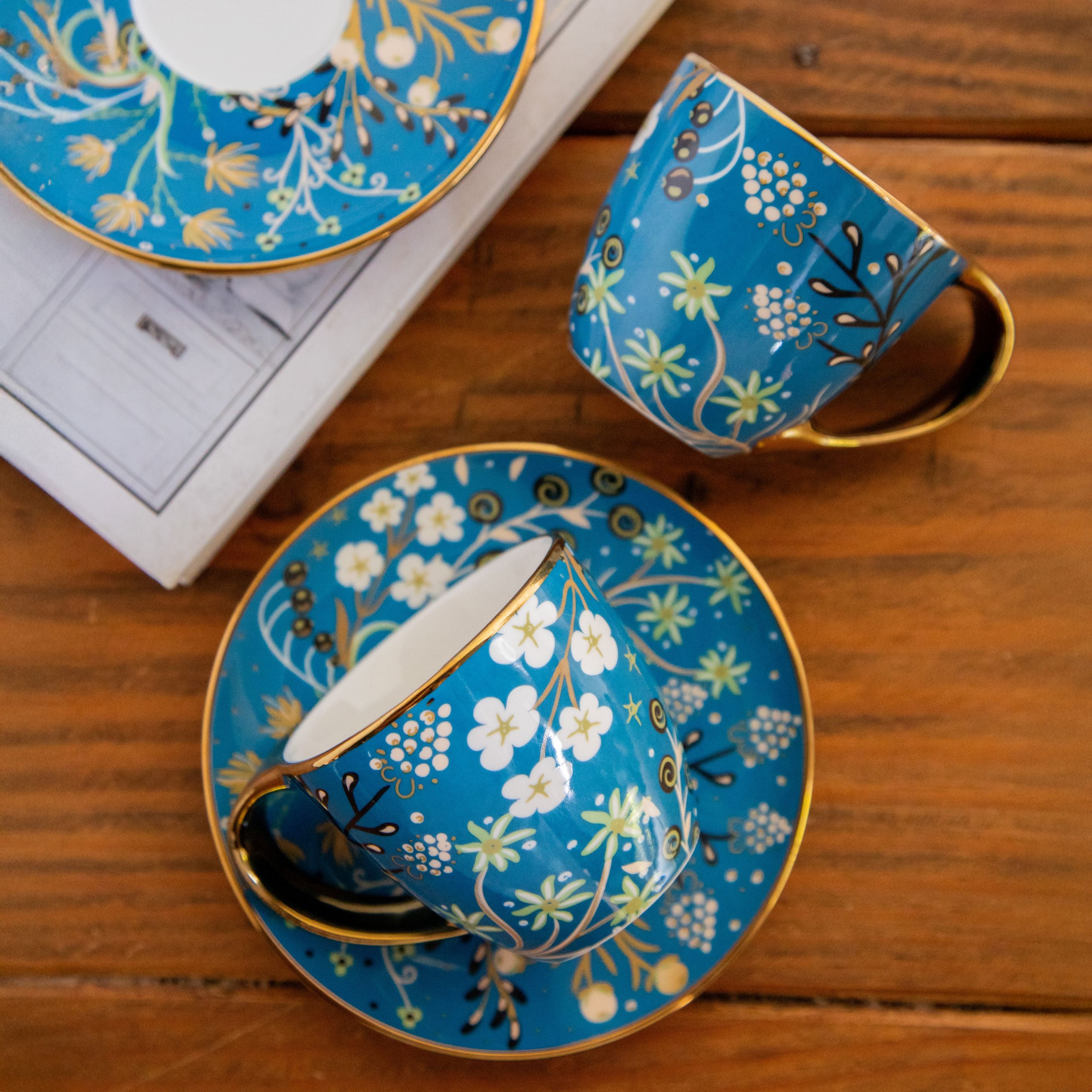 Royal Azure Bloom Tea Set (6 Cups & Saucers) – 200 ML Each