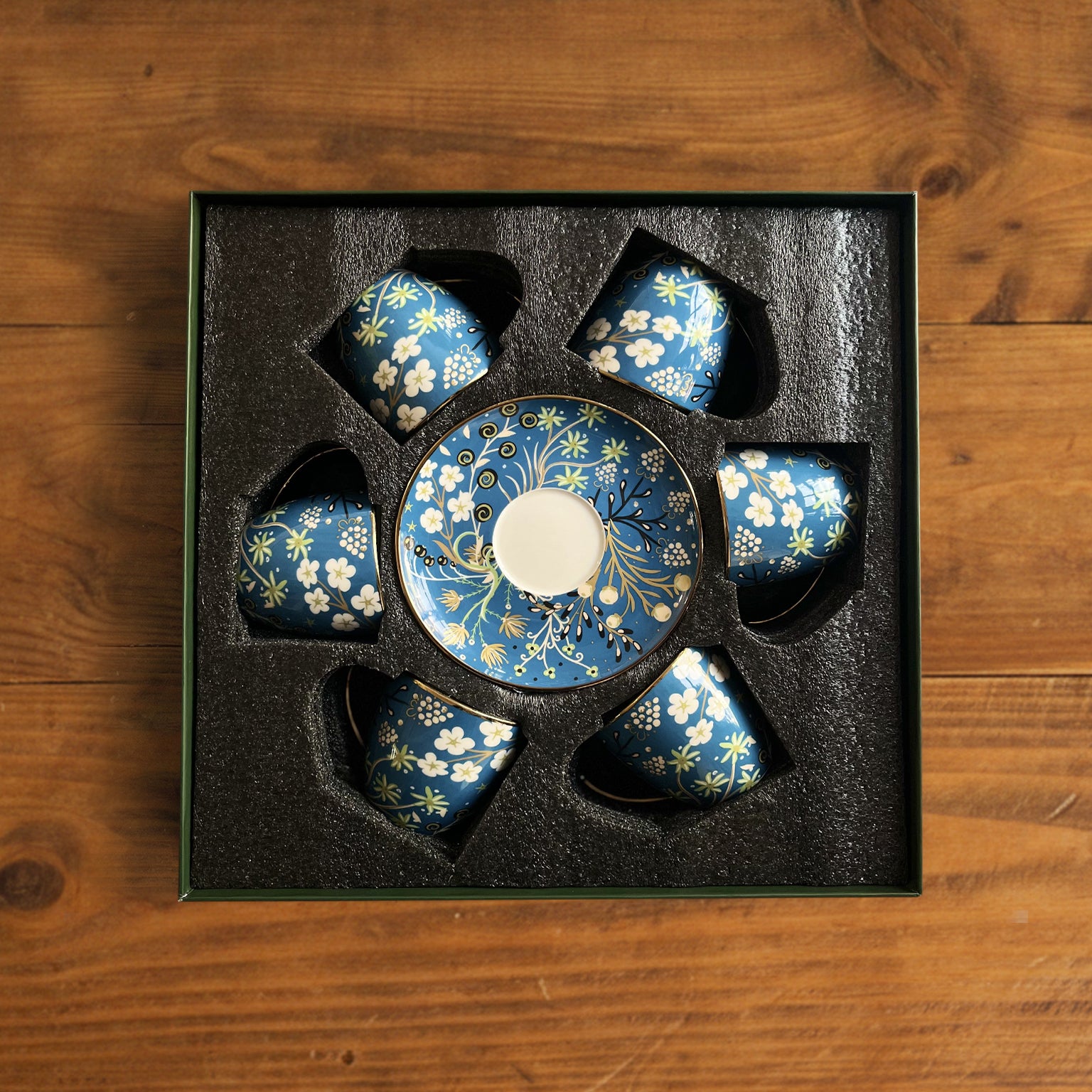 Royal Azure Bloom Tea Set (6 Cups & Saucers) – 200 ML Each