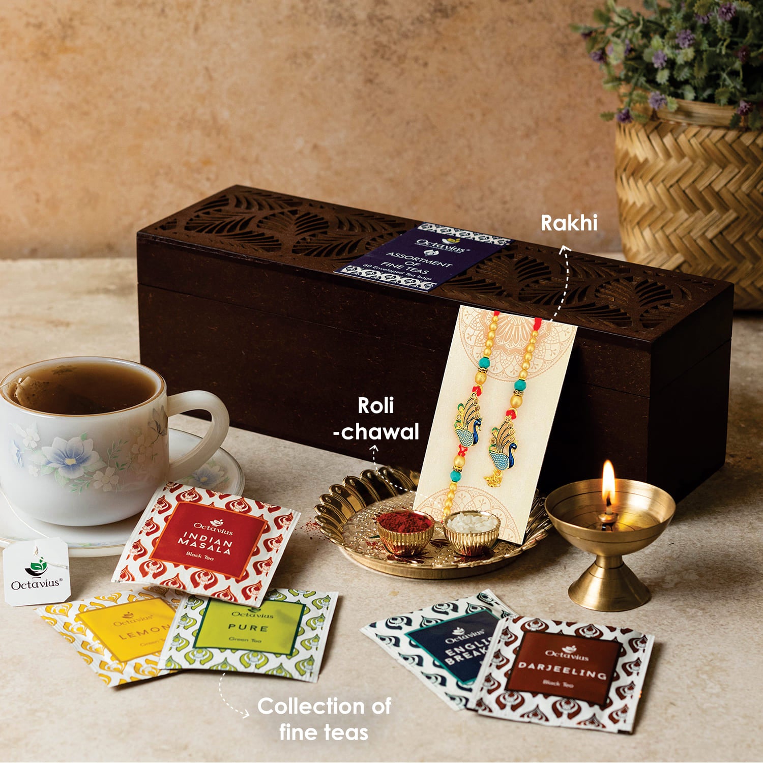 Assortment of Fine Teas For your sibling - 60 Teabags in Leaf Cutting Wooden Box