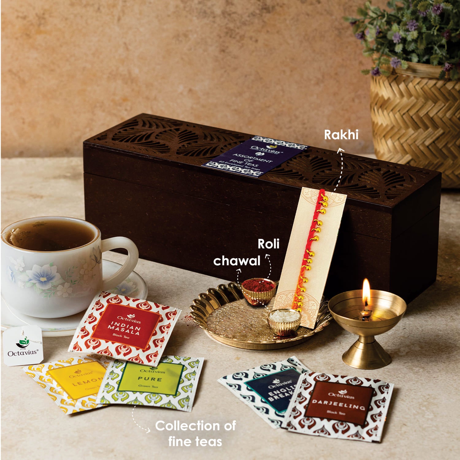 Assortment of Fine Teas For your sibling - 60 Teabags in Leaf Cutting Wooden Box